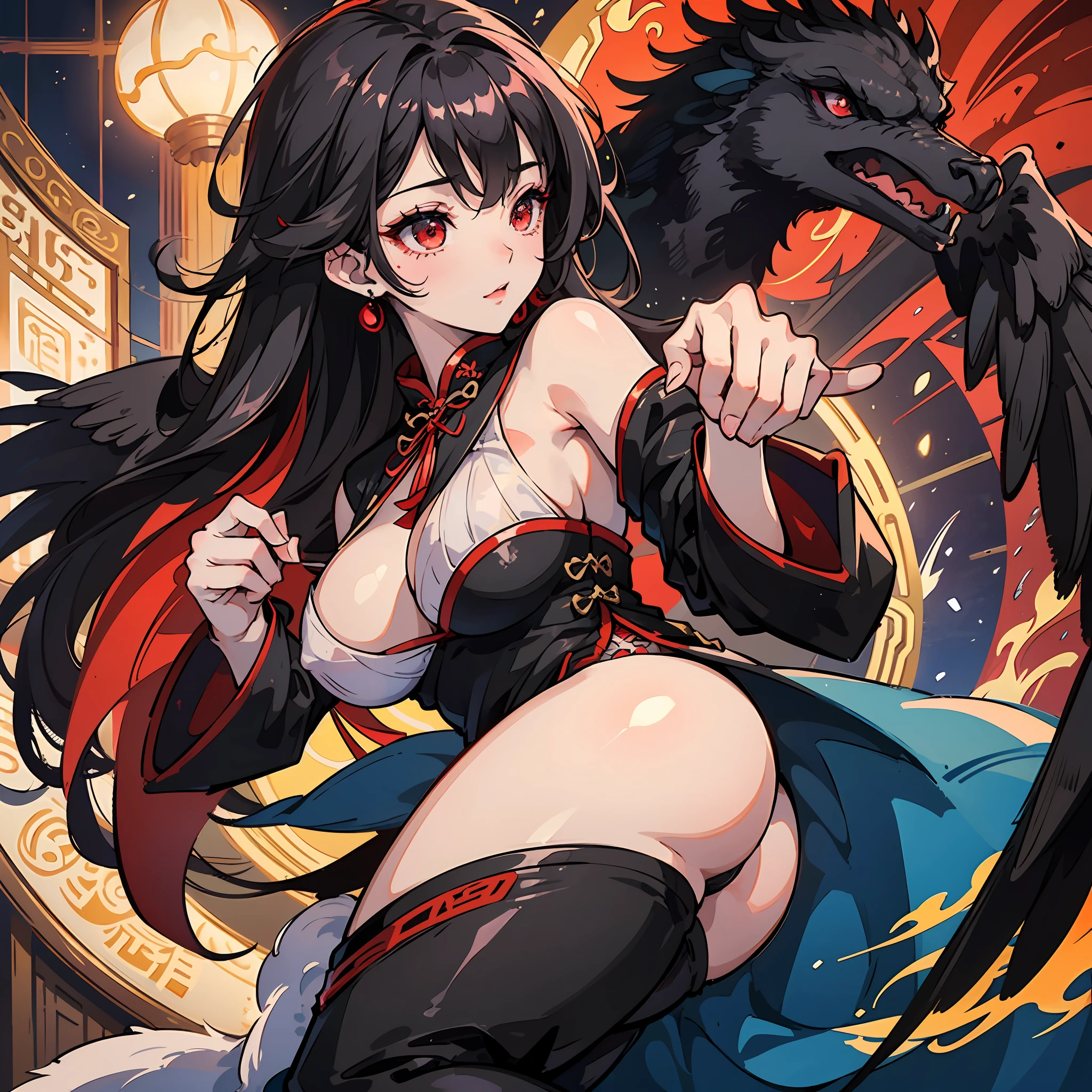 (masterpiece), best quality, ultra-detailed, beautiful (1girl)Wearing a black phoenix cheongsam,Highlight big breasts and big buttocks,Black streamer,Beautiful face,Crane hair flowing,Bright lights,Happy and warm atmosphere.Red-eyed, black-haired --auto