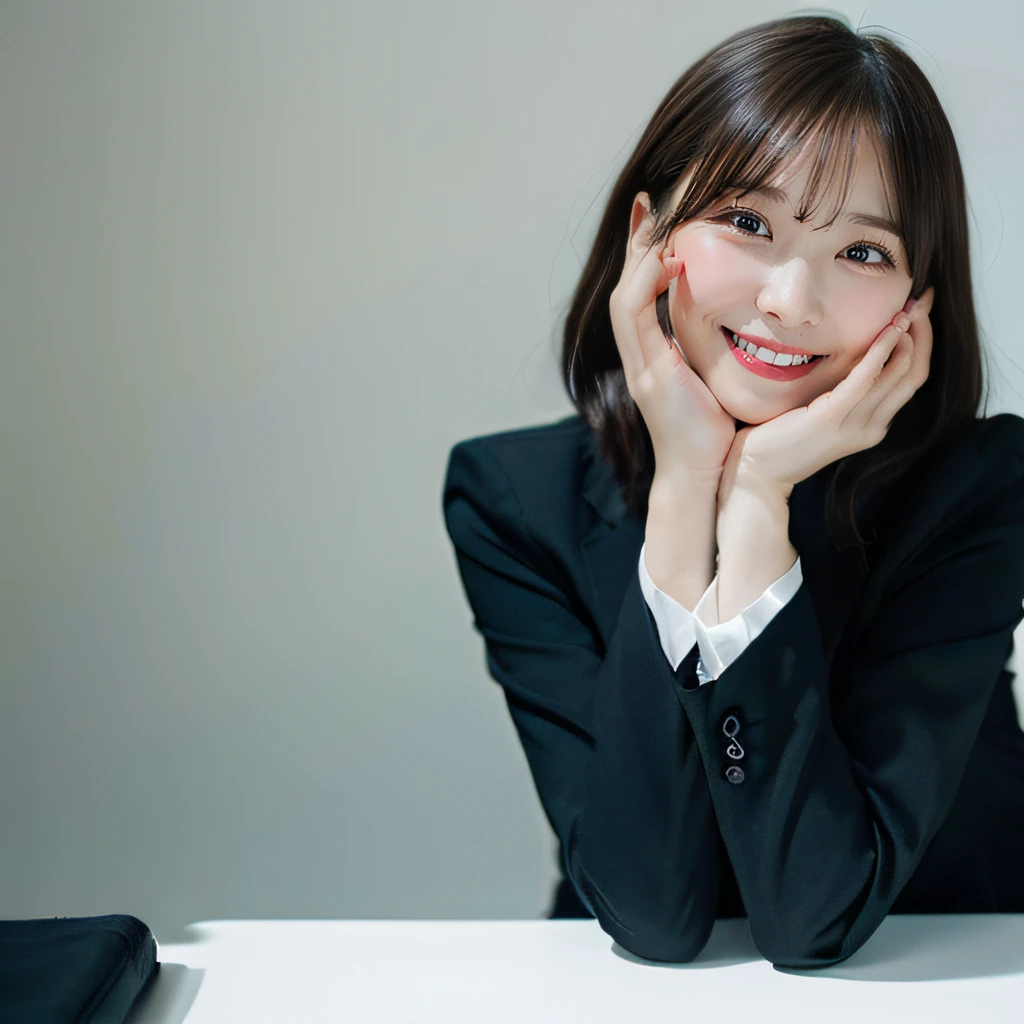 One Woman, Woman in black suit、Simple white background、A smile