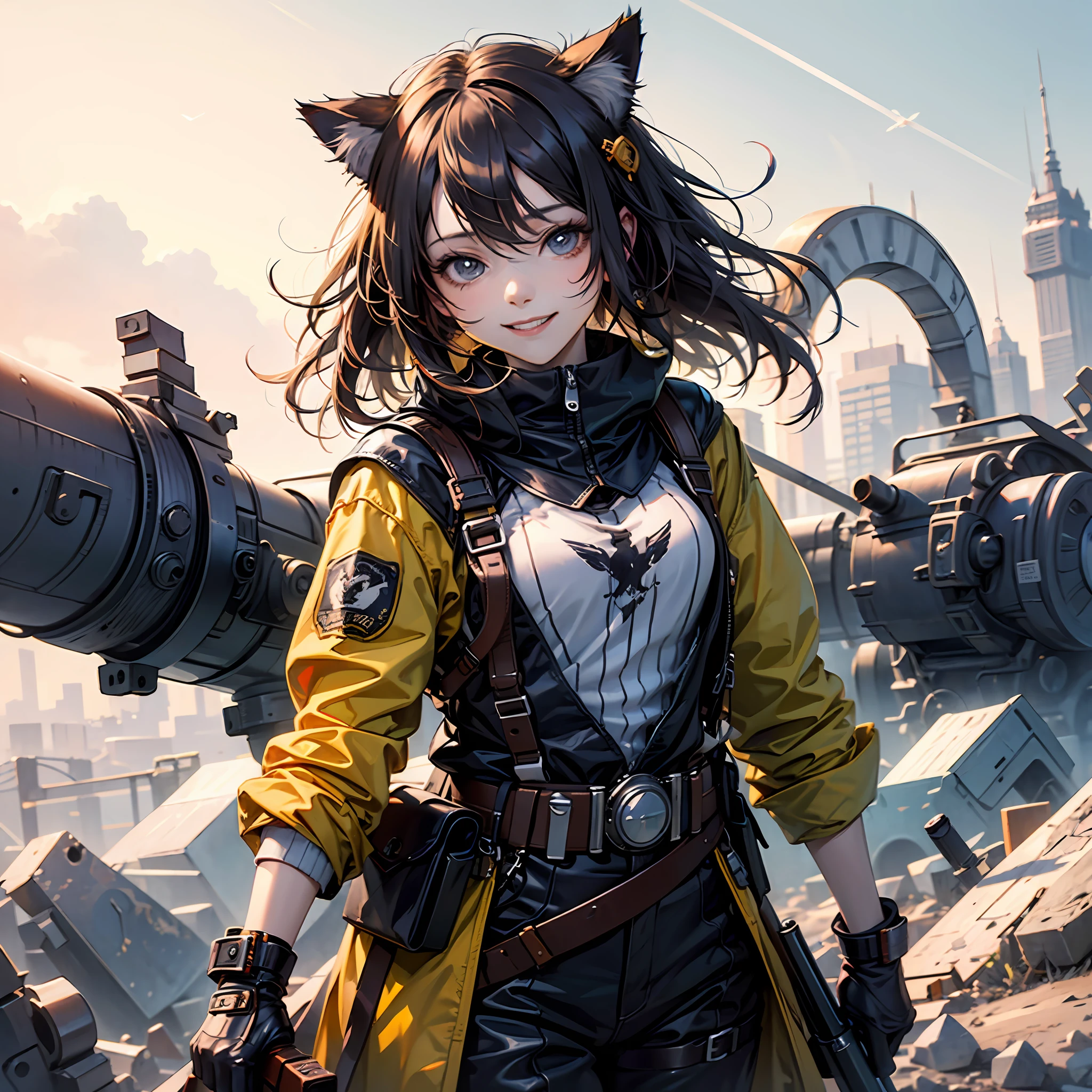 Anime style、Cute clothes、Cat Headgear、Beautie、1 persons、girl with、Dark hair、kawaii、Beautie、A smile、holding rifle、Wilderness action --auto