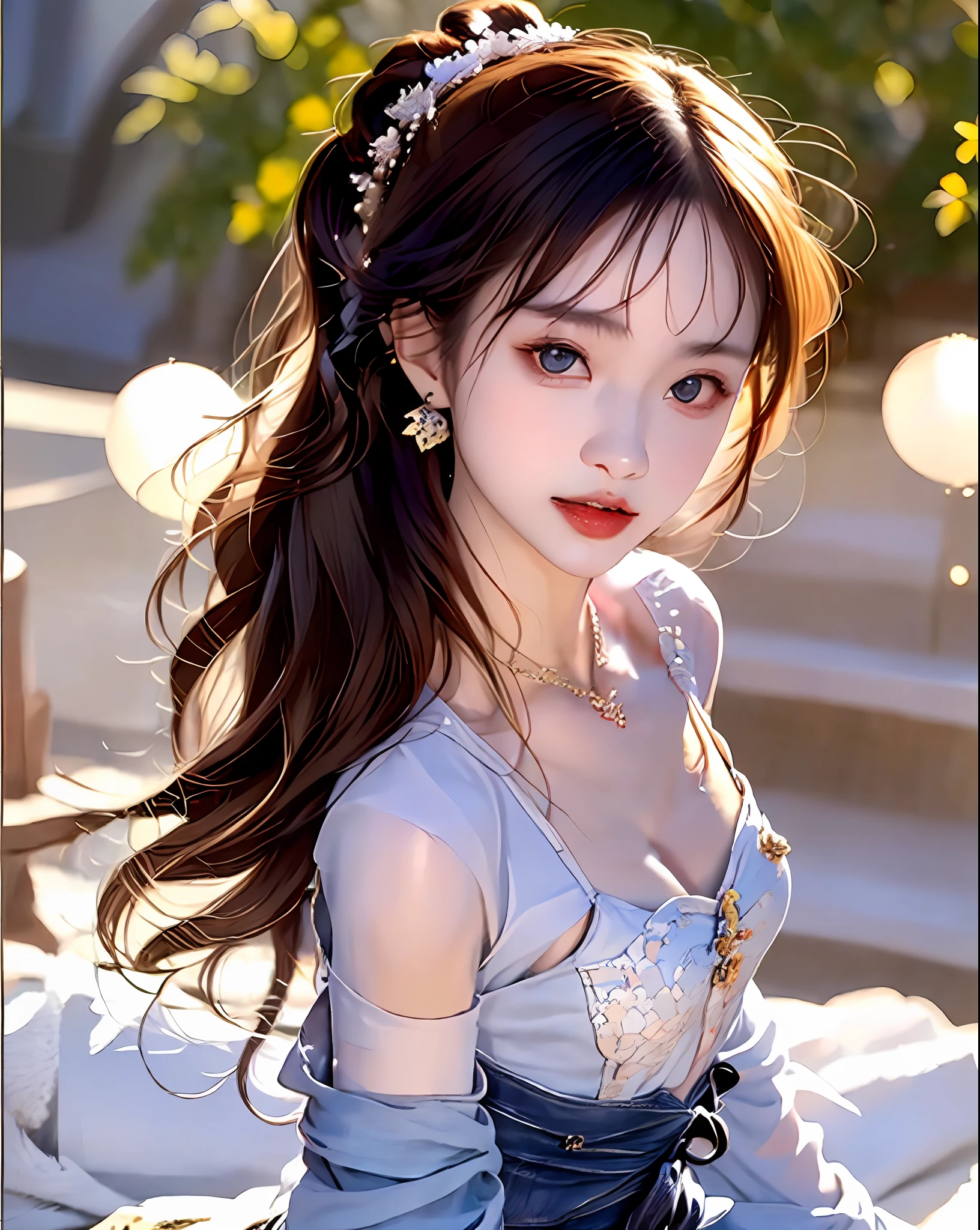 (Masterpiece, Best Quality, 1 Girl, Solo, Intricate Details, Chromatic Aberration), (Reality), (Skin), 1 Girl Shizuku High Ponytail, ((Middle Breath)), (Brunet, Blunt Bangs), Detailed Hair, Red Headjewelry, Blue Highlight, Hair More Than One Eye, Red Eye, Small Earrings, Sharp Eyes, Necklace, ((Black Crop Top Cutout)), Jeans, (Symmetrical Eyes), (Perfectly Symmetrical Body), Night, ((Natural Light))), Backlight, against gray walls, dim light, standing, (Looking at the viewer), ((Center shot, from the front, (face and waist) pronounced chest line Deep V sexy