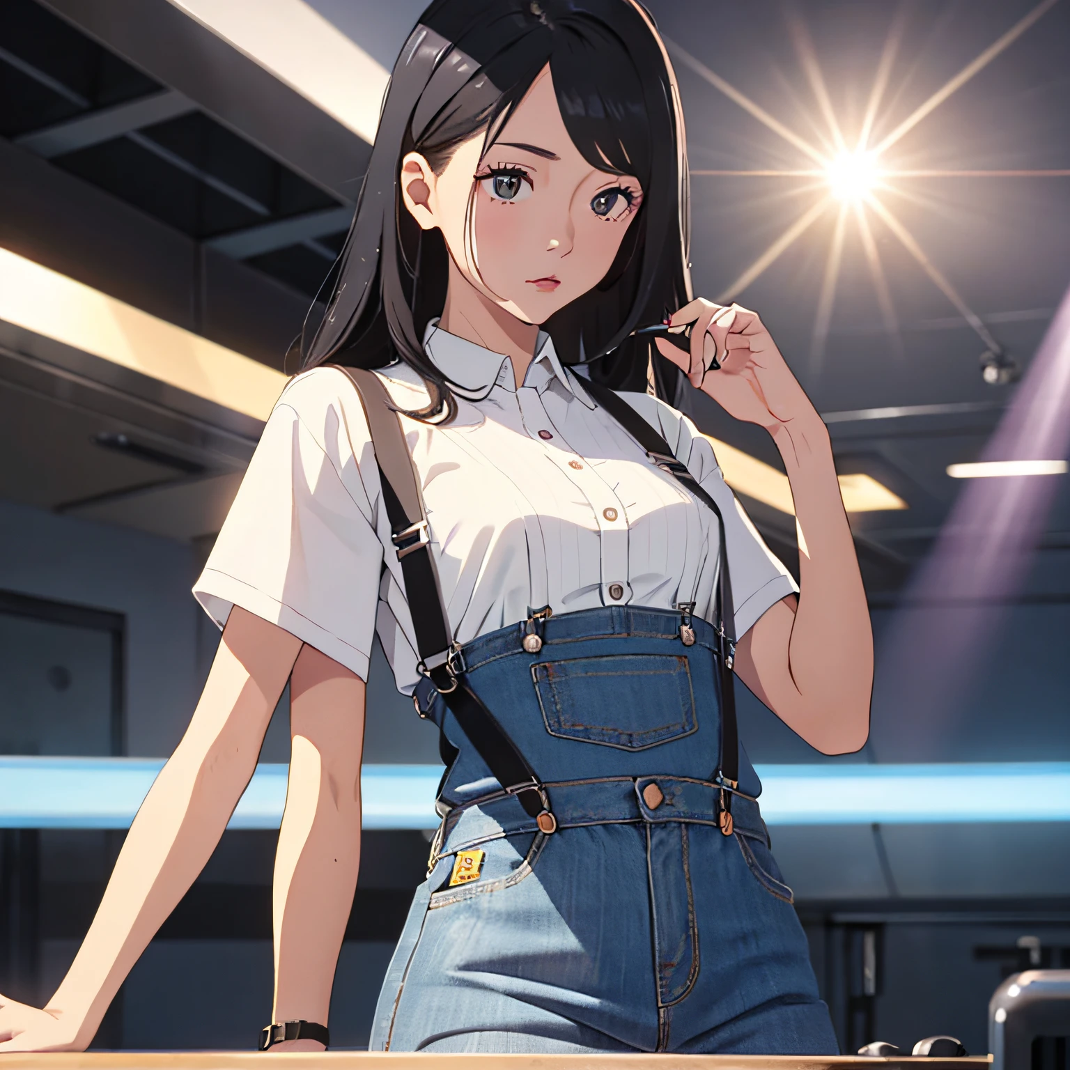 Best quality,tmasterpiece,Kizi,Black hair,黑The eye,Duan,and the sun was shining brightly,Glossy glossy skin,The upper body is wearing suspenders,The lower body is wearing a denim skirt --auto