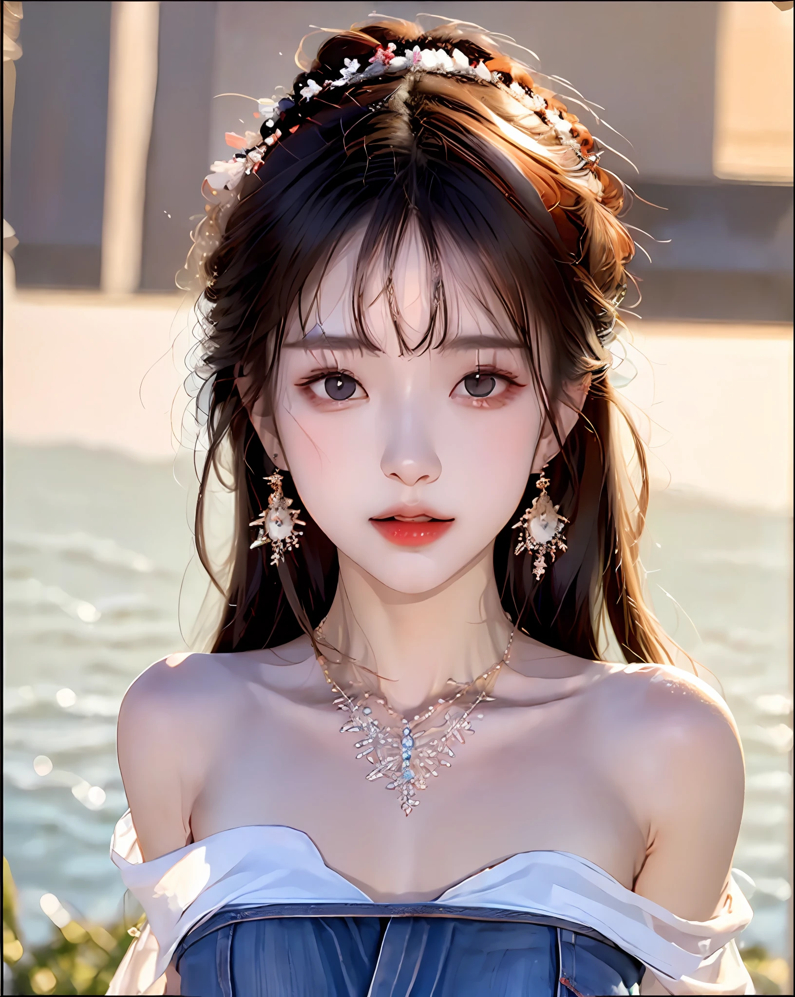 (Masterpiece, Best Quality, 1 Girl, Solo, Intricate Details, Chromatic Aberration), (Reality), (Skin), 1 Girl Shizuku High Ponytail, ((Middle Breath)), (Brunet, Blunt Bangs), Detailed Hair, Red Headjewelry, Blue Highlight, Hair More Than One Eye, Red Eye, Small Earrings, Sharp Eyes, Necklace, ((Black Crop Top Cutout)), Jeans, (Symmetrical Eyes), (Perfectly Symmetrical Body), Night, ((Natural Light))), Backlight, against gray walls, dim light, standing, (Looking at the viewer), ((Center shot, from the front, (face and waist) pronounced chest line Deep V sexy