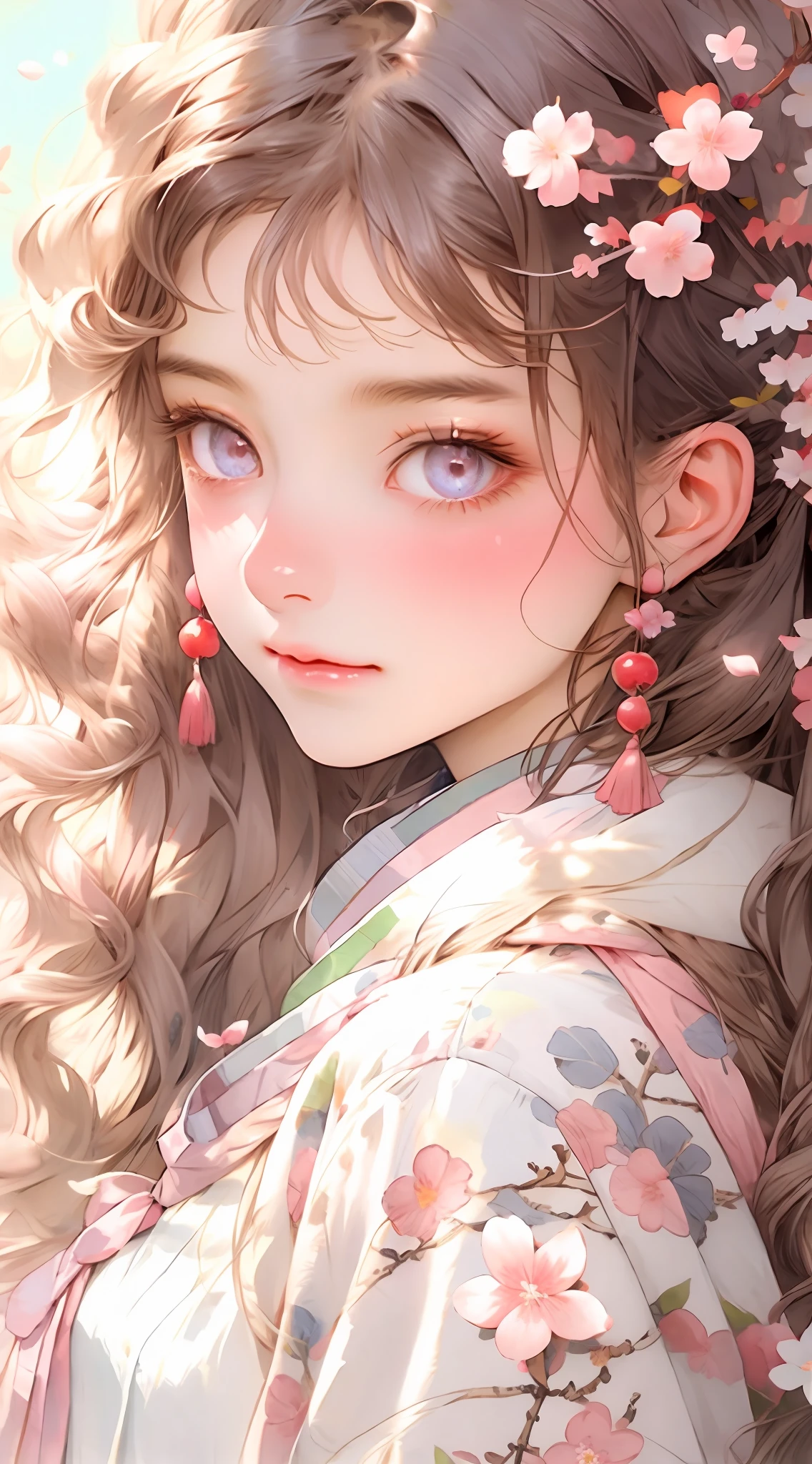 a detailed illustration of a beautiful anime girl with a soft, 
gentle appearance and a heartwarming, cute expression. She should be standing 
amidst a vibrant, cherry blossom-filled park during a serene spring day. 
Her long, wavy hair should be a delicate shade of pastel pink, adorned with 
a few cherry blossom petals, and she should have large, captivating eyes 
that exude warmth and kindness. --niji 5