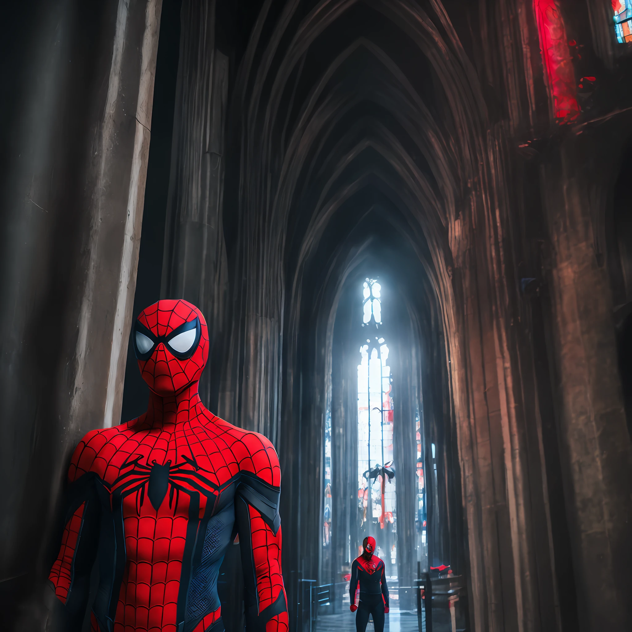 gloomy portrait of Bloody Spider-Man from Marvel with intricate angular cybernetic implants inside a brutalist building, gothic brutalist cathedral, cyberpunk, award-winning photo, bokeh, neon lights, cybernetic limb --auto