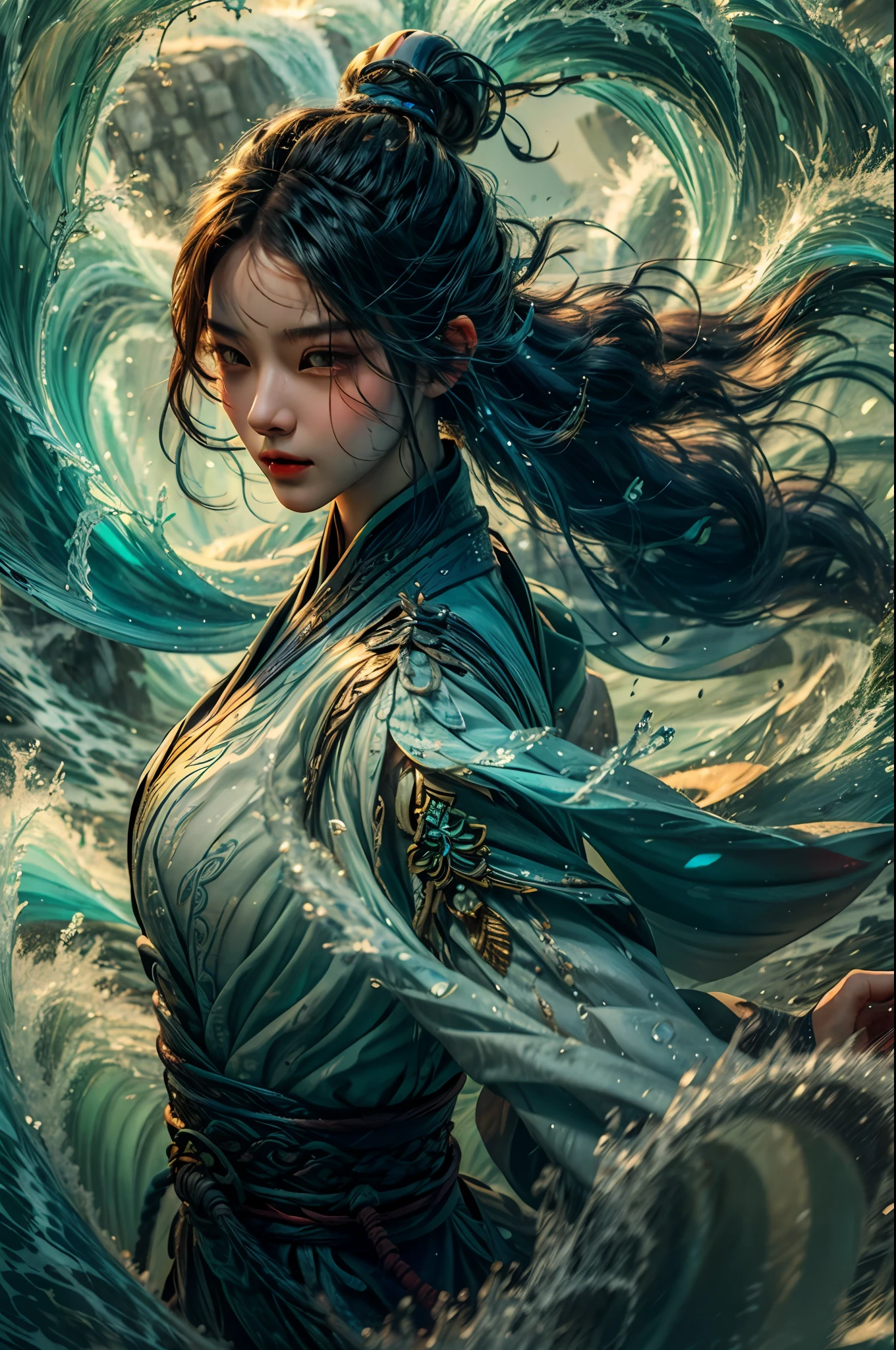 Best quality, masterpiece, super high resolution, 1 girl, beautiful_face, delicate skin, jade water, water, waves, Xiuxian style,