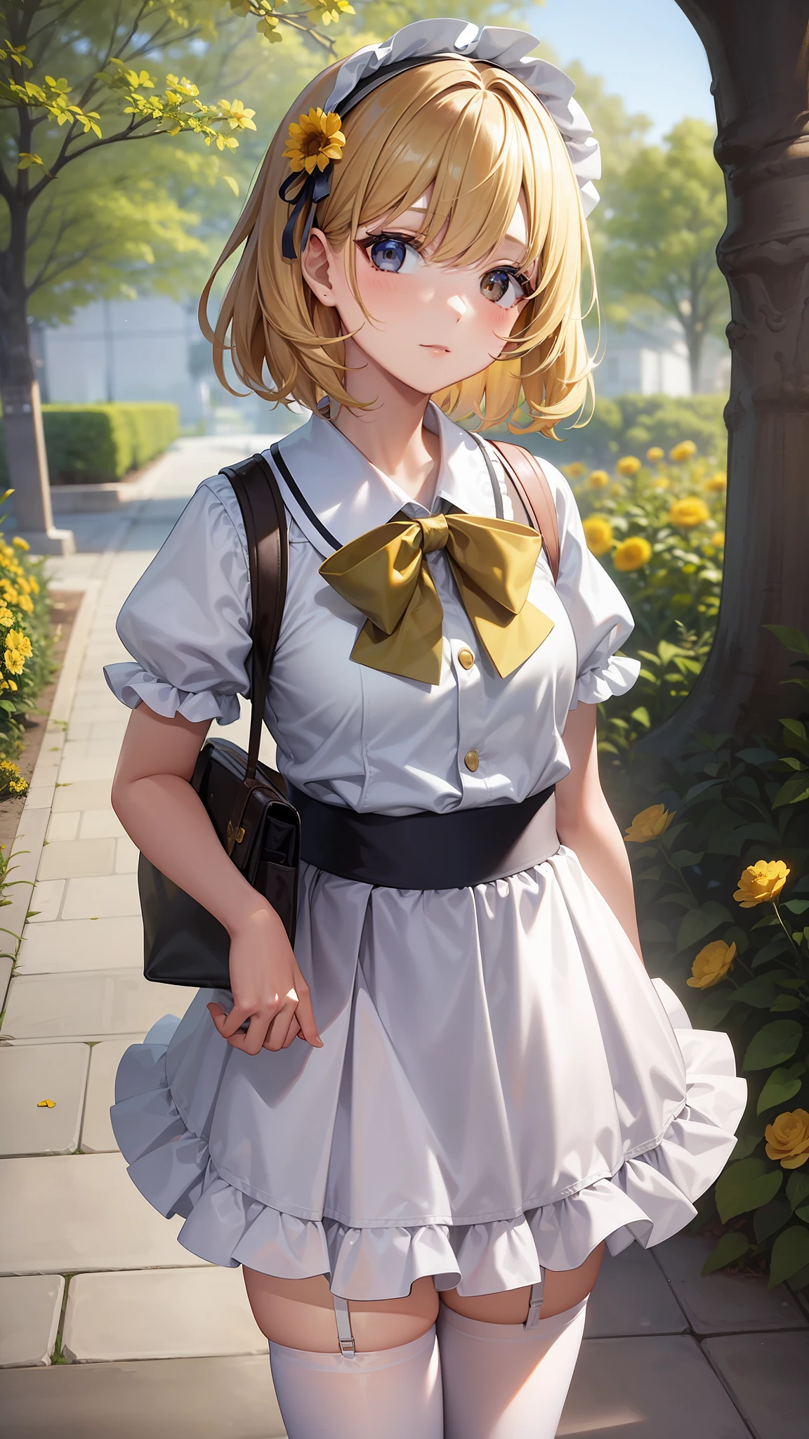 with short golden hair,schoolgirls,White ta skirt,Japanese style,Yellow flowers