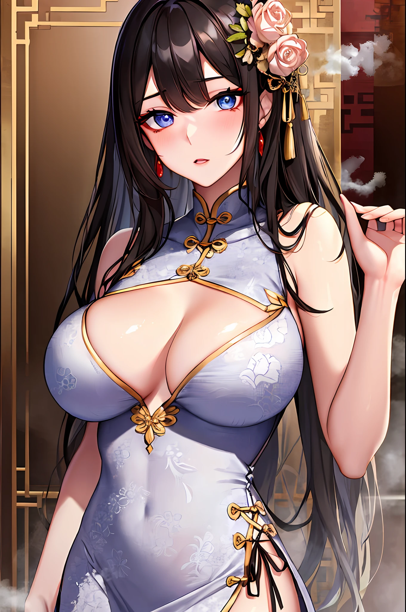 breast curtains, china dress, areola slip,(best quality:1.0), (8k wallpaper:1.0), extremely delicate and beautiful, (beautiful detailed face:1.0), (detailed deep eyes), symmetrical breasts, deep eyes, steam, shiny skin,