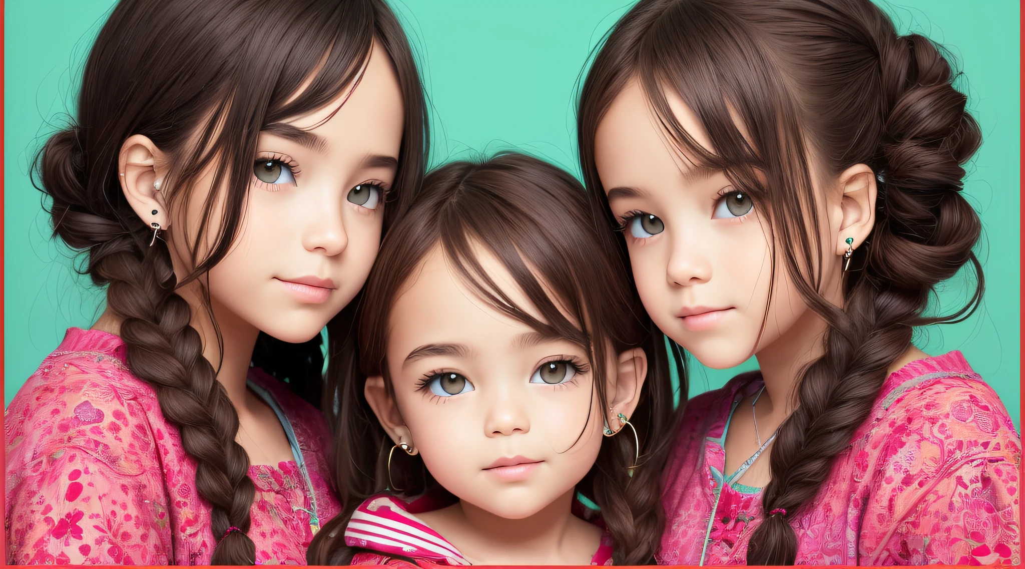 Triplets with dark hair braids ,fones de ouvido, hellchild em segundo plano,