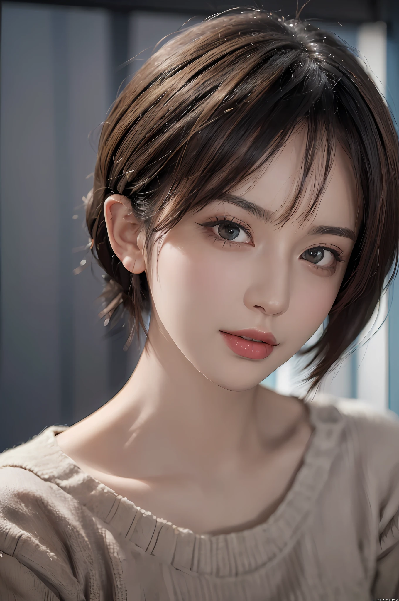 (masterpiece:1.3), (8k, photorealistic, RAW photo, best quality: 1.4), (1girl), beautiful face, (realistic face), (black hair, short hair:1.3), beautiful hairstyle, realistic eyes, beautiful detailed eyes, (realistic skin), beautiful skin, (sweater), absurdres, attractive, ultra high res, ultra realistic, highly detailed, golden ratio