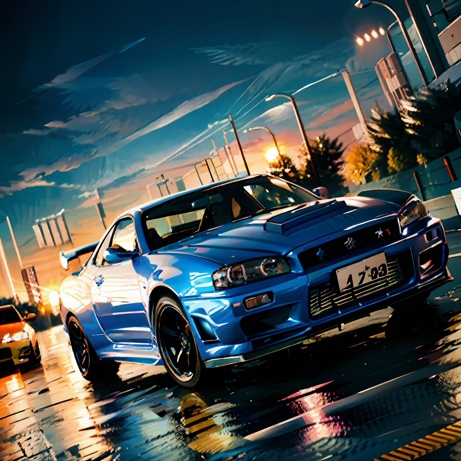 A blue sports car driving on a road with sunset as a background, gtr xu1, automotive photography, full view of a sport car, Edited, 3840 x 2160, 3840 x 2160, cgi rendering, vibrant and powerful, sports cars, vehicle photography, sports cars, Wallpapers, conceito, cgi render, sports cars