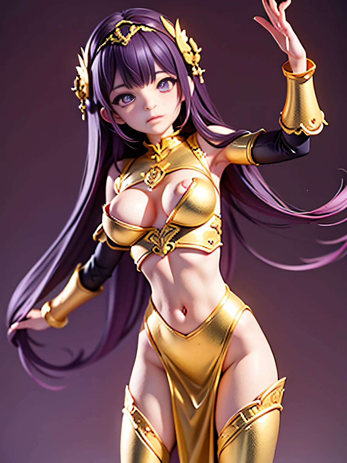 high qulity，Cancer，bit girl，Big-headed blind box，Long dark purple hair，Deep purple pupils，The barefoot，Gold armor，ornate garment，The vast universe，Exquisite facial features，full bodyesbian，Straight breasts，Protagonist perspective，Faraway view，looking toward the viewer，standing on your feet