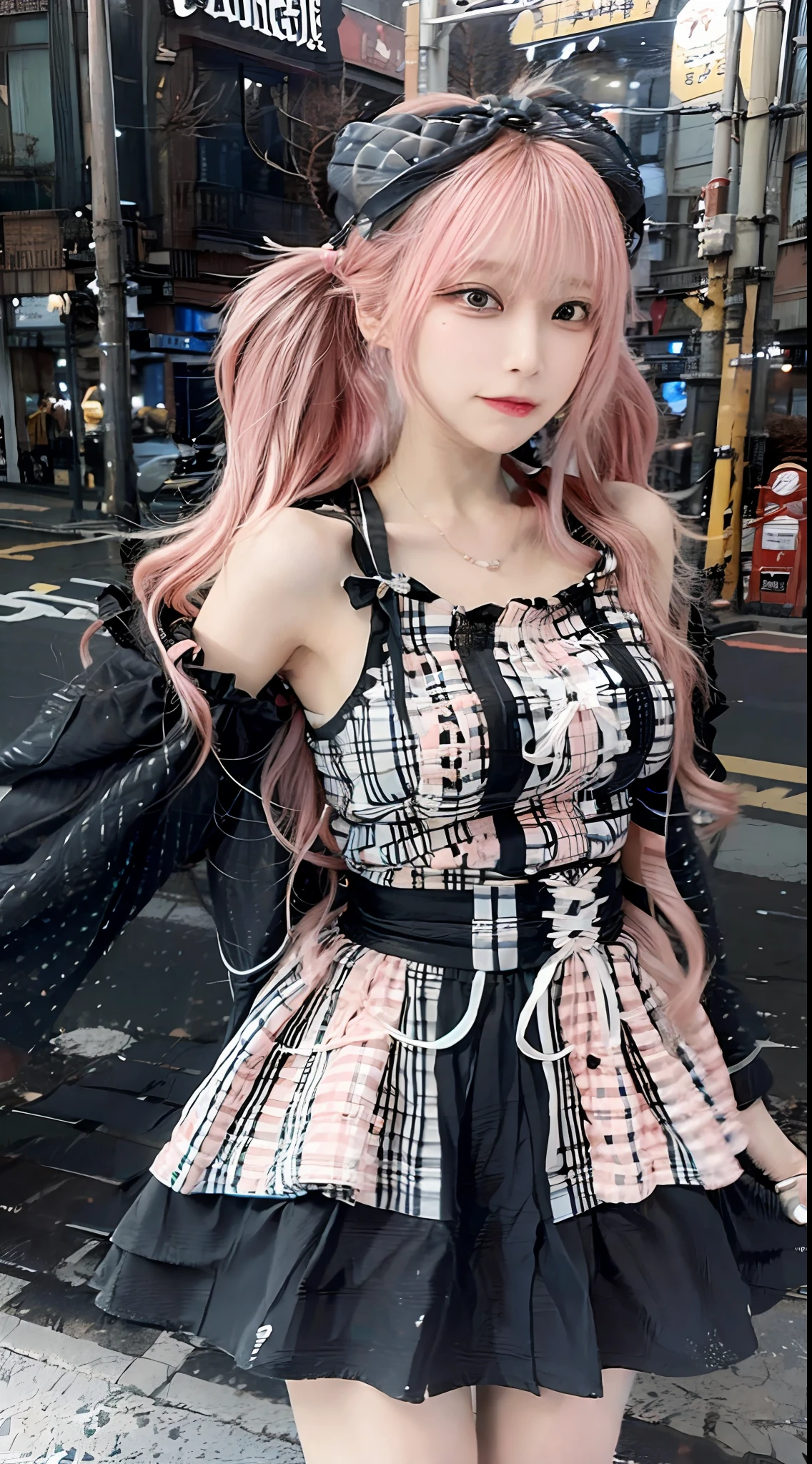 (Realistic:1.3), Finely detailed, quality, Rembrandt lighting, (masutepiece:1.2), (Photorealistic:1.2), (Best Quality), (Detailed skin:1.3), (Intricate details), Dramatic, Ray tracing, Break 1 Girl, japanaese girl, Smiling,(Pink Hair 1.4), twin-tail hair, Twin Loop Hair, Parted bangs, Eye highlights 21 years old, medium breasts, earrings, jirai fashion, Short dress, frilld, Lace, bow ribbon, BREAK (on tokyo street, Harajuku, A clear day), BREAK