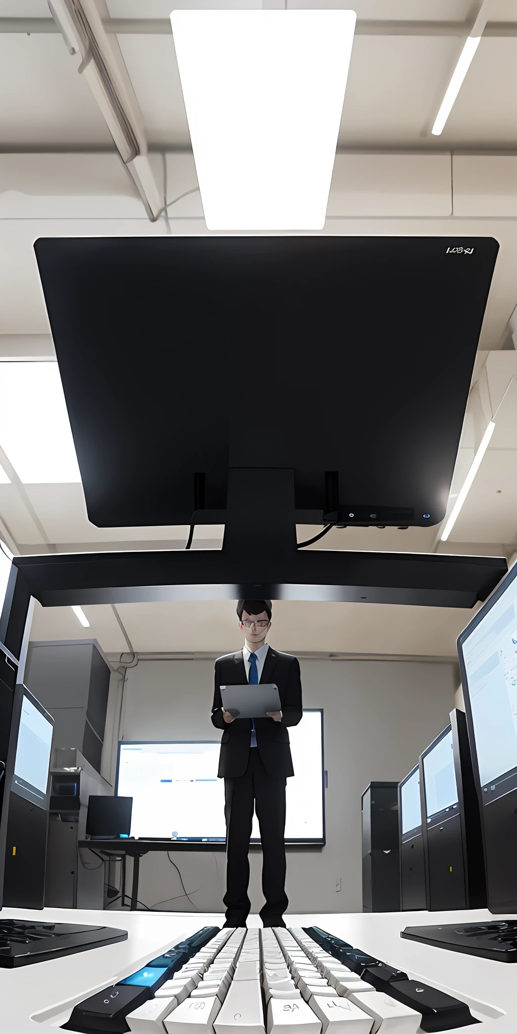 Full body photo of male employees standing,black-frame glasses,white keyboard(1.2),Focus on programming(Handle registry and system security with care,1.3),High degree of confidentiality,Program code(1.2),Efficient and precise at every stage,Avoid repetitive actions(0.7),Perfect system operation。
