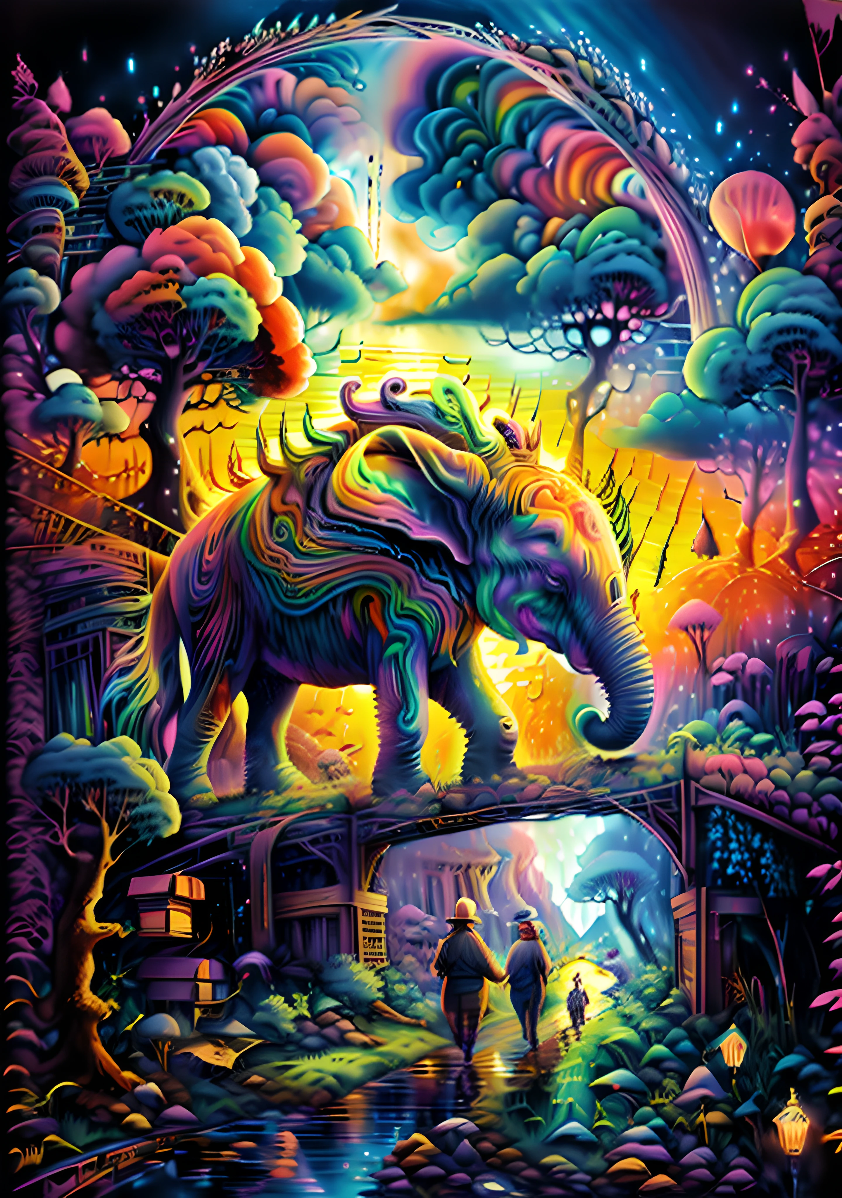 3 white elephants walking through the fields ,mountains ,rural landscape ,wilderness, bird of prey flying high ,stunning visuals ,multi dimensional ,quilling paper,psychedlic clouds, art, sunset reflects on the lake,2 rainbows above,chibi, yang08k, beautiful, colorful, Masterpieces, top quality, alex grey,psychedelic colours,best quality, official art, beautiful and aesthetic,((8K ultra realistic))
