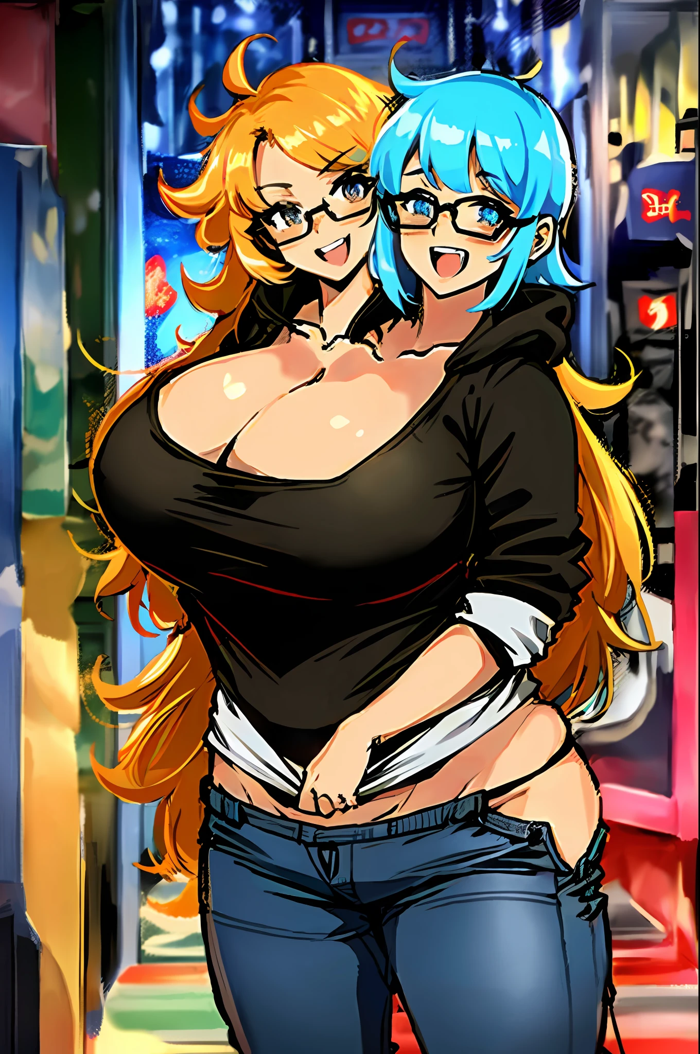 2heads, a short chubby woman with 2 heads. She has enormous breasts. She has messy hair. She looks nerdy. She is wearing a baggy hoodie and jeans. She is in an arcade that is only lit by arcade games. She looks excited. Her breasts are gigantic.