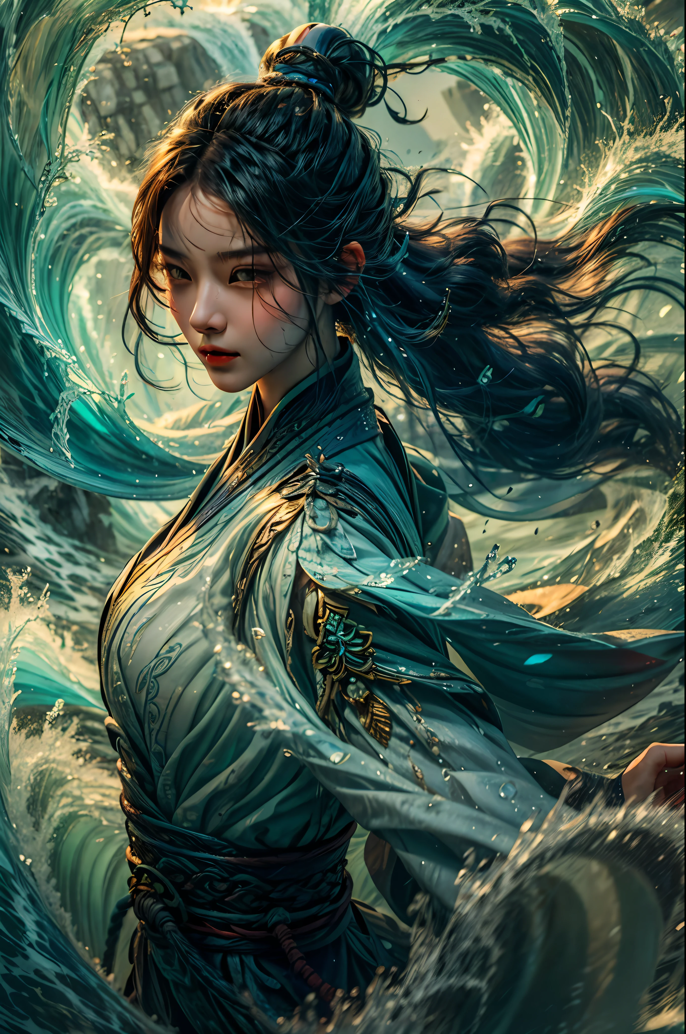 Best quality, masterpiece, super high resolution, 1 girl, beautiful_face, delicate skin, jade water, water, waves, Xiuxian style,