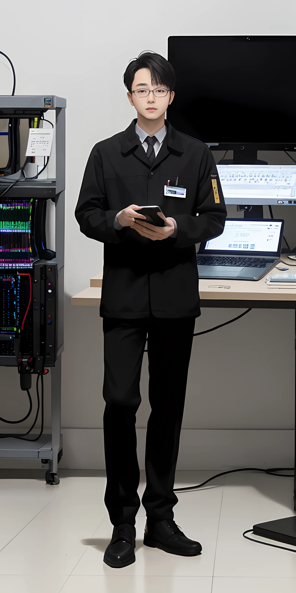 Full body photo of male employees standing,black-frame glasses,white keyboard(1.2),Focus on programming(Handle registry and system security with care,1.3),High degree of confidentiality,Program code(1.2),Efficient and precise at every stage,Avoid repetitive actions(0.7),Perfect system operation。
