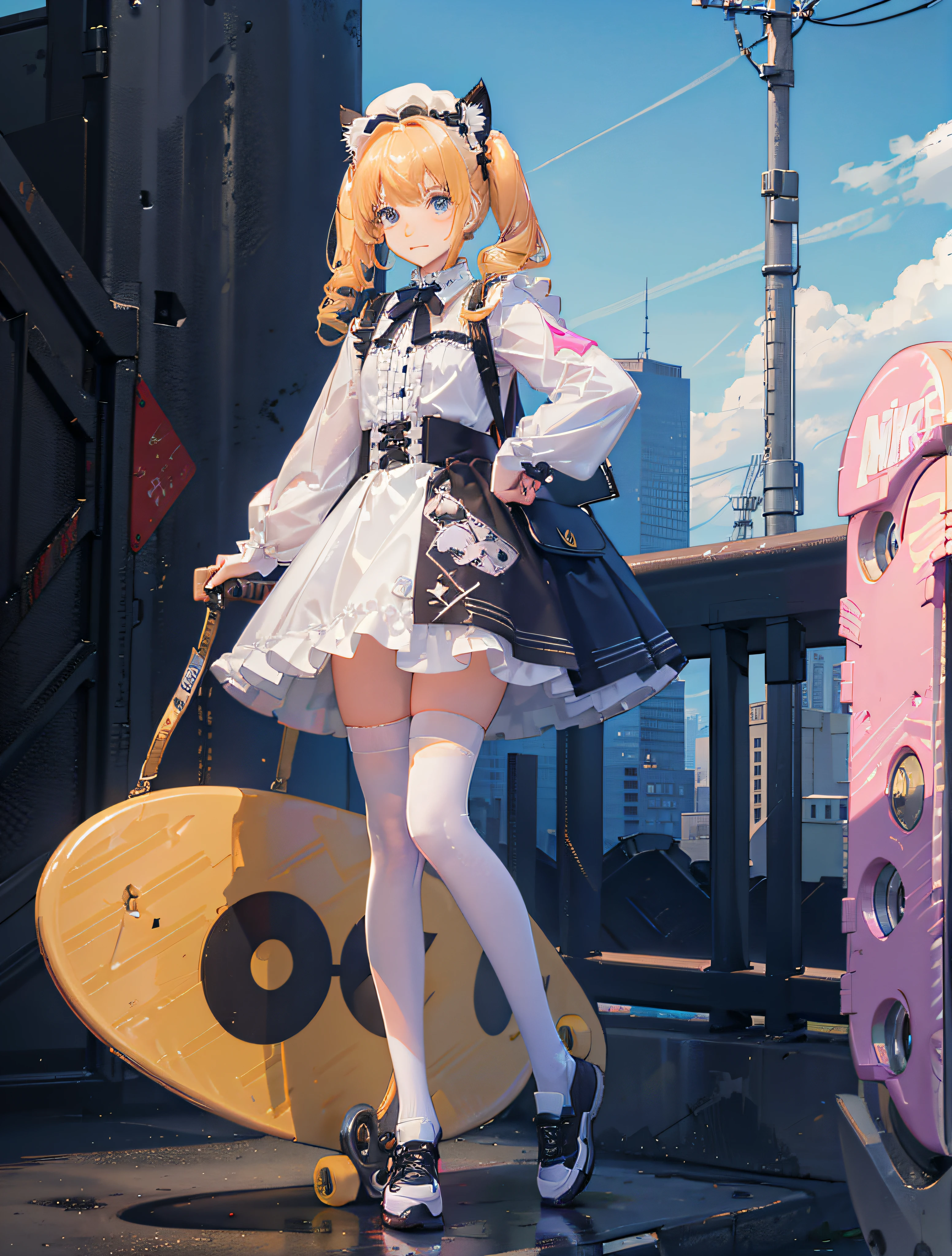 high ultra detailed,8k photo,ultra realistic, professional light,
photorealistic backgrounds, visual depth, bokeh, wide shot,full body,
((12 yo,cute,loli,small hip,flat chest,cat ear)),1girl,blonde hair,blue eye,
colored inner hair,side up short twintail,curly hair,diagonal bangs,angelic smile,
((lolita fashion:1.5, lace, frilled blouse, a white petticoat, knee-high socks,hat,Nike air force 1 sneakers))BREAK
((cat toys, stuffed toy, bagpack,skateboard)),
glowing neon-themed accessories:1.5,