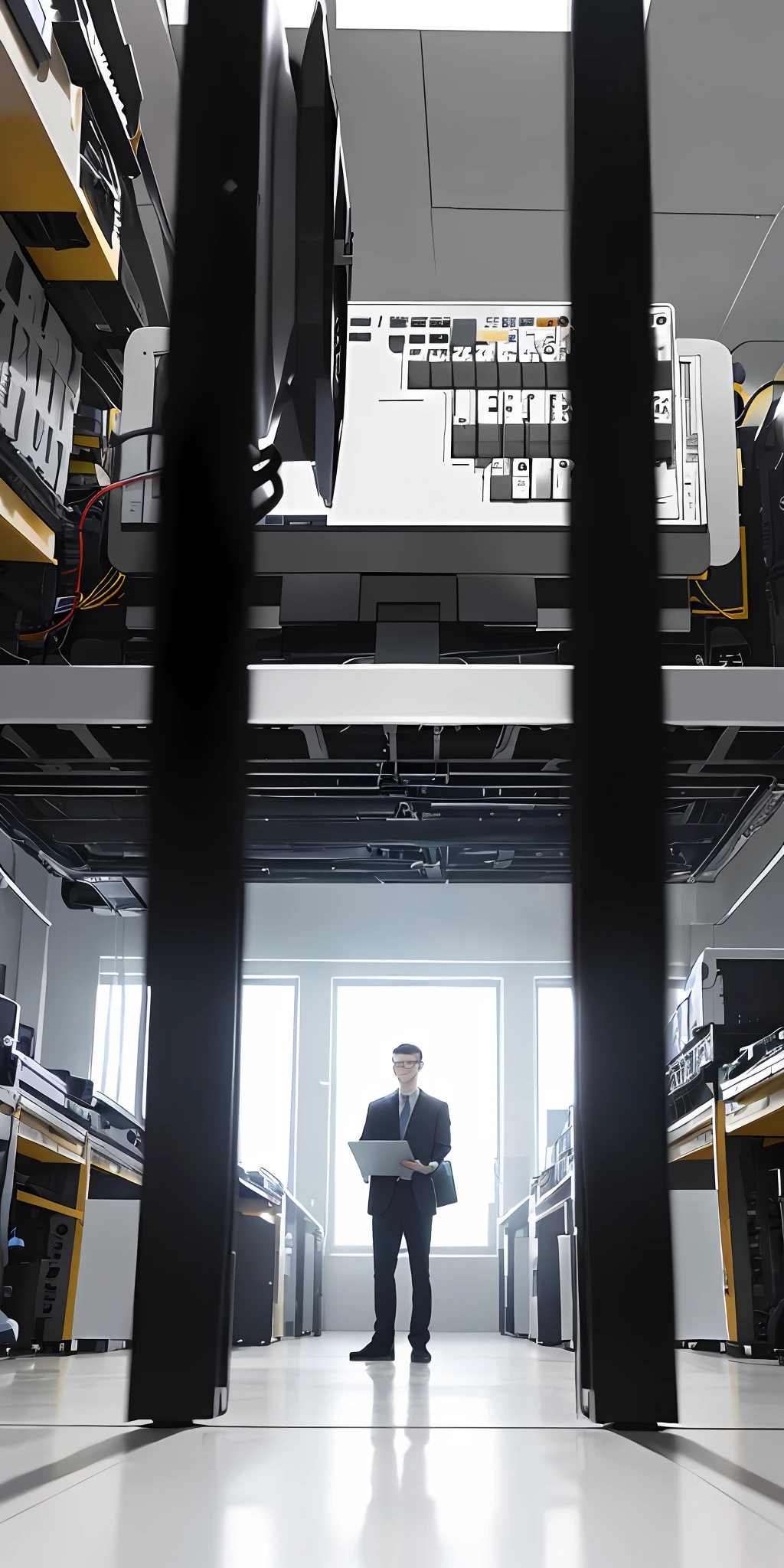 Full body photo of male employees standing,black-frame glasses,white keyboard(1.2),Focus on programming(Handle registry and system security with care,1.3),High degree of confidentiality,Program code(1.2),Efficient and precise at every stage,Avoid repetitive actions(0.7),Perfect system operation。