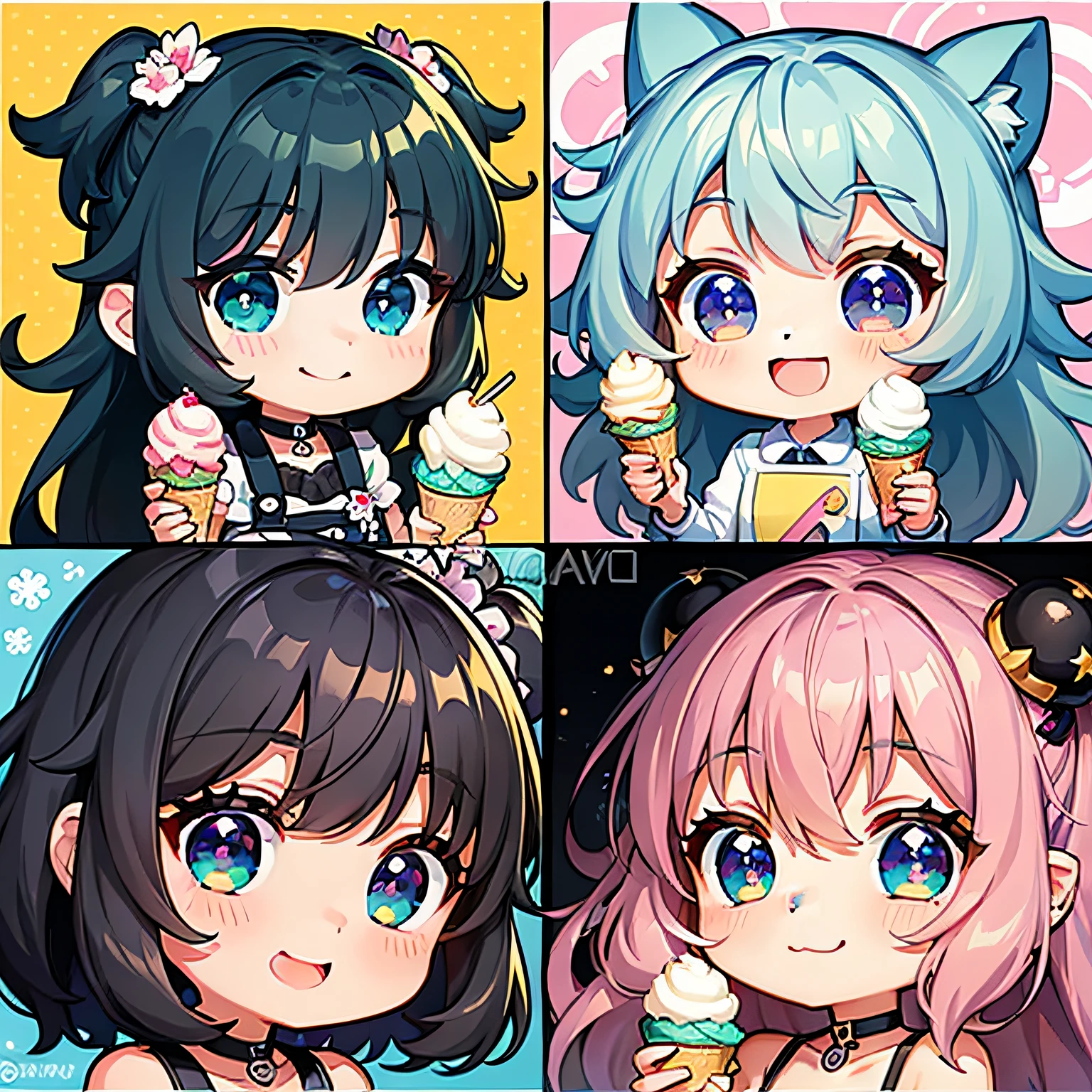 perfect-composition、Perfect pictorial composition、Cartoon girl with long hair、cartoon artstyle、Cartoon Cute Girl、Chibi Girl、Chibi、cute cartoon style、Cute art style、Cartoon style、Cartoon style illustration、Digital art of cartoons、Cute digital art、Cute anime girl、Chibi、estilo chibi、Kawaii Girl、an anime drawing、pop-art、Cartoon style illustration、3Equivalent、Head large、kawaii eyes、radiant eyes、Sparkling eyes、kawaii faces、Innocent face、smooth hair、Black hair、Black hair、ice cream、Cooking ice cream、kindly smile、having a ice cream、Ice cream shop、Ice cream、store clerk