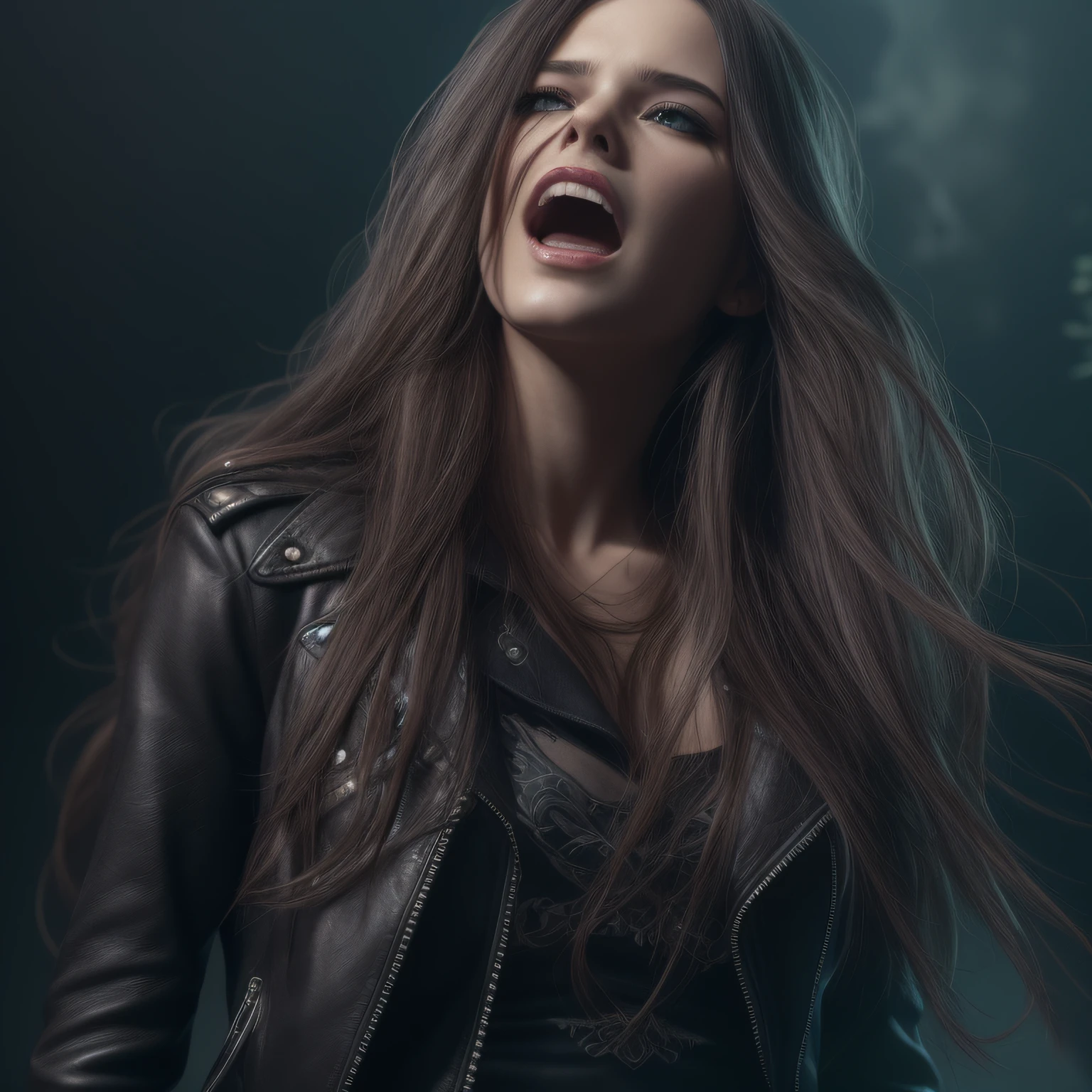 German female vocalist of a metal band、((Photorealistic 2))、30-years old、Singing in a black leather costume、((make - up:1.1))、Long flowing hair、top quality photo、promo photo、Actions on the Stage、detaileds, Lifelike face, A detailed face, real looking skin,(Raw photography, top-quality), ighly detailed, nffsw, Unity, astonishing, finely detail, Shout、Highly detailed ticker Unity 8K, ultra-detailliert, hight resolution, absurderes, Soft light,