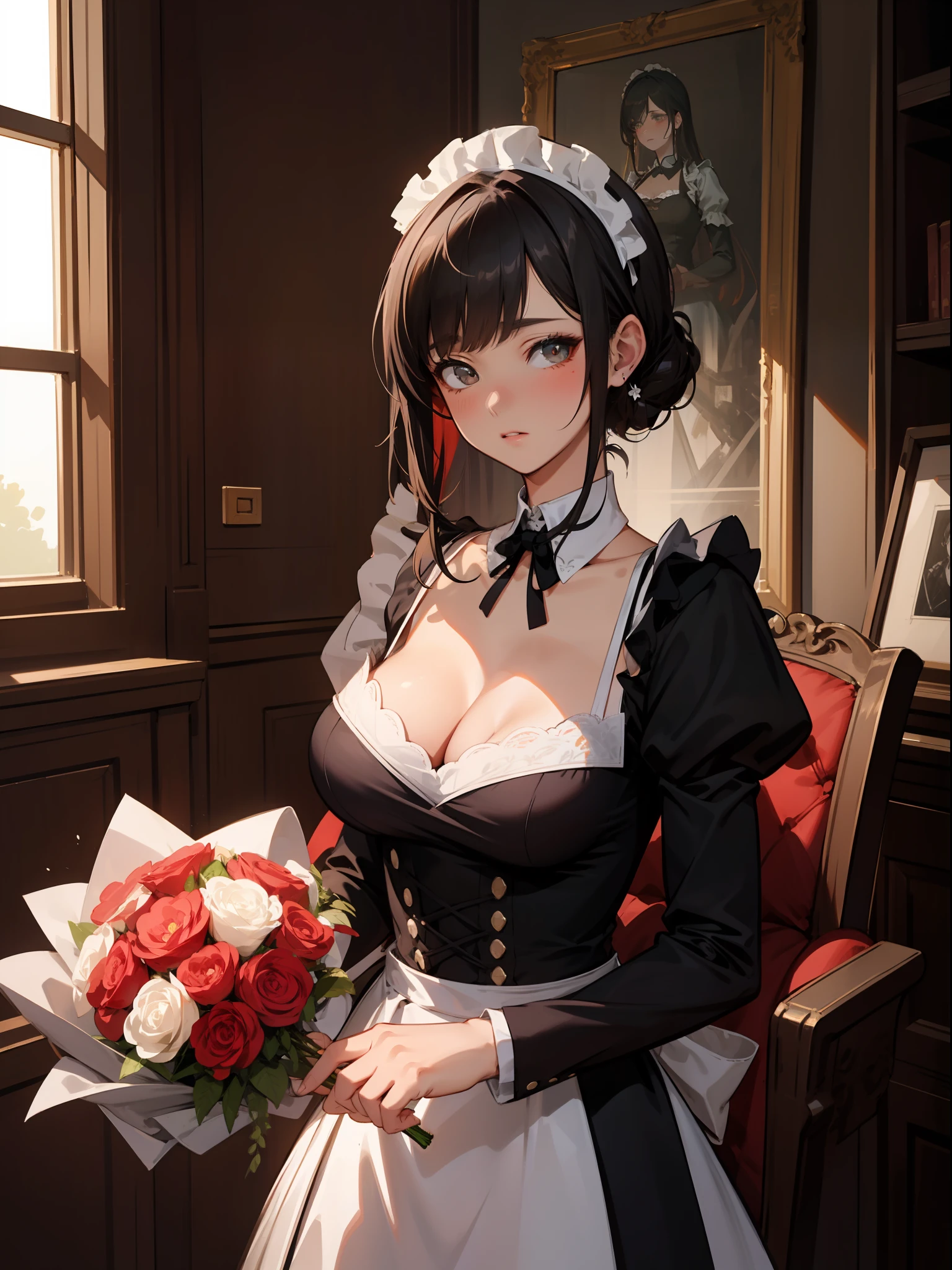 master-piece,hyper quality, hyper detailed,perfect drawing,独奏、Beautuful Women、ample breasts、Fluttering chest、H Cup Bust、bustup、bulging bust top、H、HENTAI、red blush、perspiring、Moist eyes、Detailed drawing、Accurate drawing、Maids、Gothic lolita、Clothing with a lot of lace ruffles、Holding a large bouquet、Dress up、parlor、sideboard、indirect lighting、