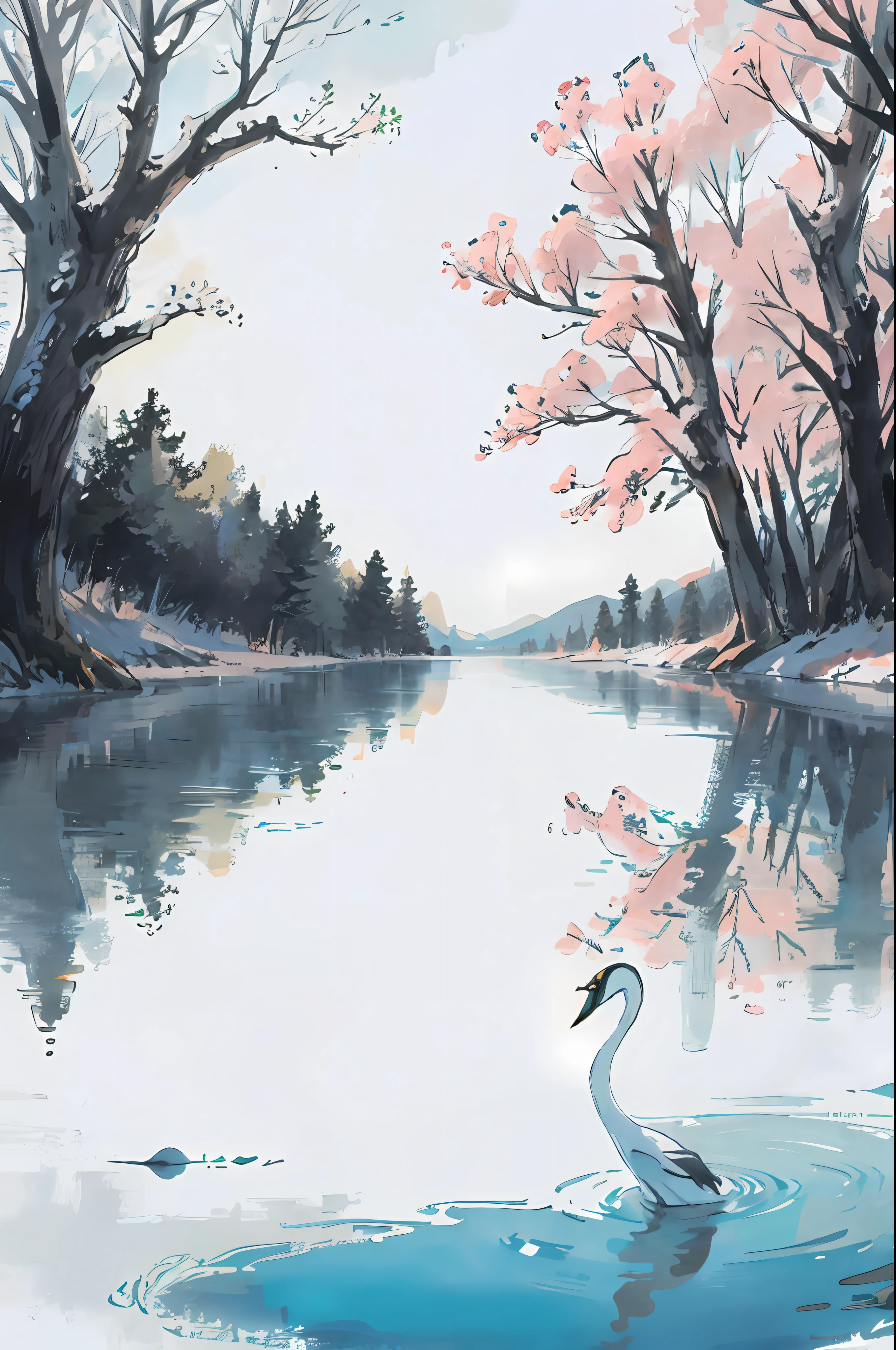 bit girl,black color dress,White stockings,Lake,swans