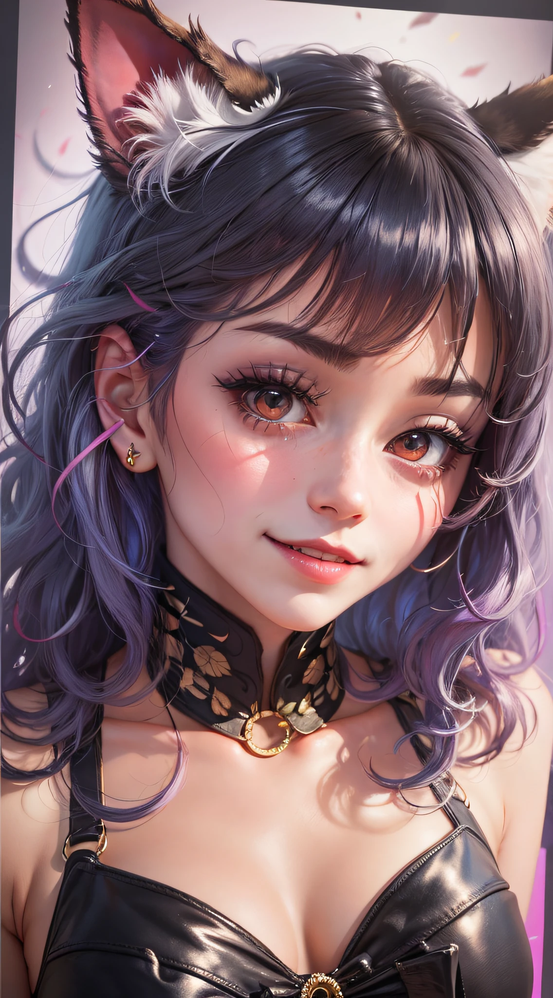 black hair, hair bobbles, wince, longeyelashes, solid circle eyes, fake animal ears, light smile, ear blush, fang, Surrealism, drop shadow, anaglyph, stereogram, tachi-e, pov, atmospheric perspective, 8k, super detail, ccurate, best quality