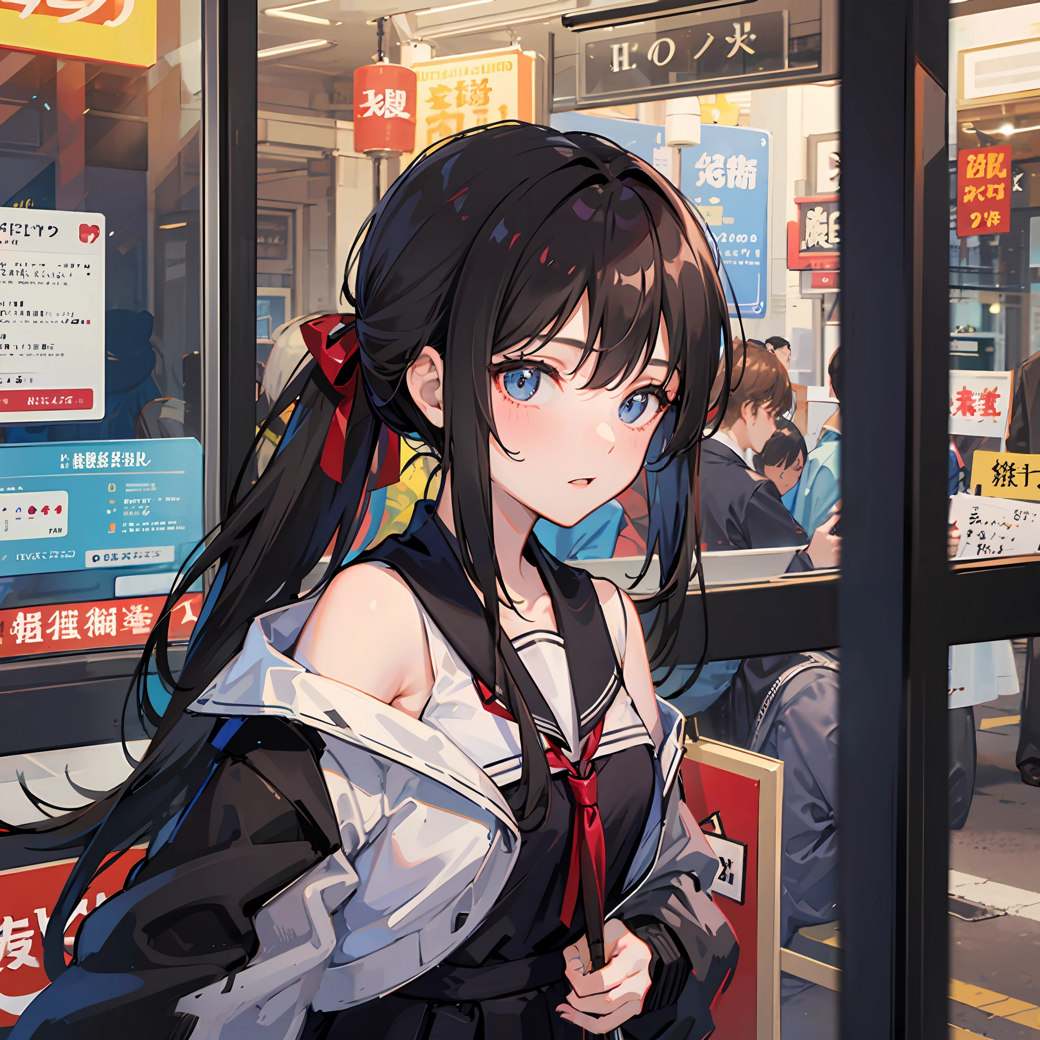 brunette color hair,校服,Low ponytail,黑The eye, s girl,Modern female high school student,trams,eventide,solo person,