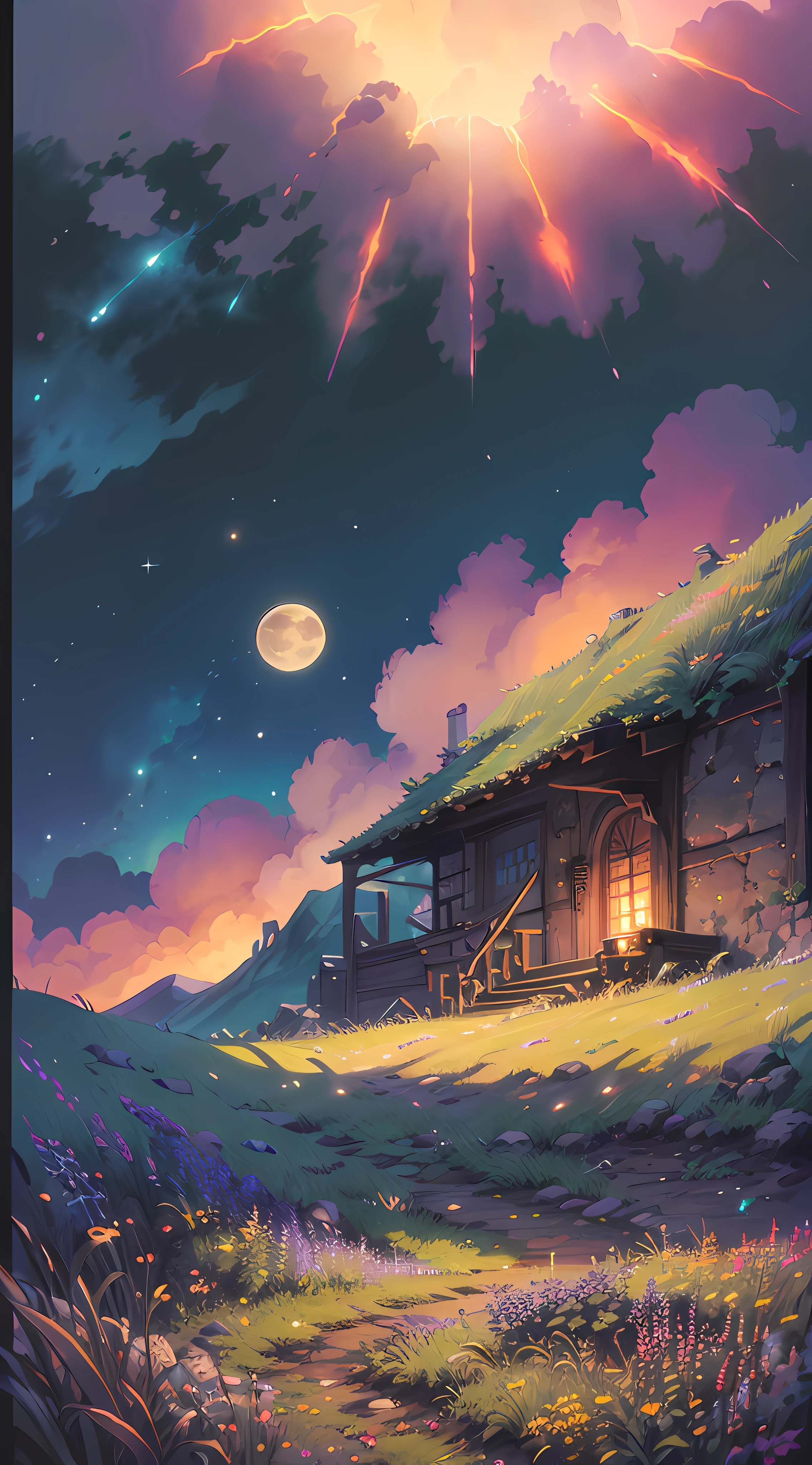 Vast landscape photo, (viewed from below, the sky is above and the open field is below), a girl standing on a flower field looking up, (full moon: 1.2), (meteor: 0.9), (nebula: 1.3), distant mountains , Trees BREAK Crafting Art, (Warm Light: 1.2), (Fireflies: 1.2), Lights, Lots of Purple and Orange, Intricate Details, Volumetric Lighting, Realism BREAK (Masterpiece: 1.2), (Best Quality), 4k, Ultra-Detailed, (Dynamic Composition: 1.4), Very Detailed, Colorful Details, (Rainbow Colors: 1.2), (Glow Lighting, Atmospheric Lighting), Dreamy, Magical, (Solo: 1.2)