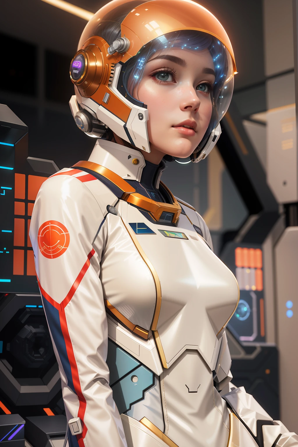 there is a woman in a futuristic suit standing in a room, portrait anime space cadet girl, scifi woman, sci-fi female, moebius + loish + wlop, cgsociety inspired, sci-fi android female, gynoid body, sci fi female character, cinematic cgsociety, portrait armored astronaut girl, cgsociety uhd 4k highly detailed