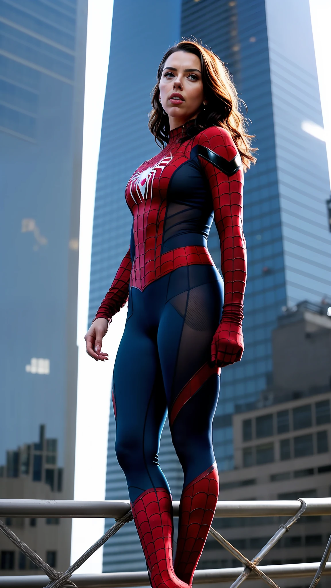 Scarlett Johansson, beauty, Spider-Man tights, full body shot, prominent figure, standing on the edge of a skyscraper, photo (Masterpiece) (Best quality) (detail) (8K) (HD) (Wallpaper) (Cinematic lighting) (Sharp Focus) (Intricate)