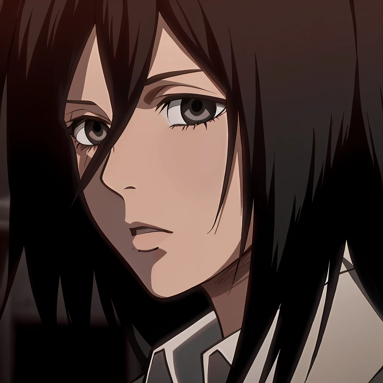 Anime girl with long black hair and white shirt staring at something, mikasa ackerman, screenshot from a 2012s anime, female anime character, screenshot from guro anime, A scene from the《attack on titans》, fubuki, close up of a young anime girl, attack on titans, akane owari danganronpa