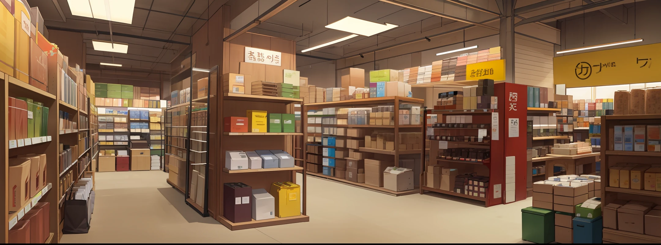 a building materials store with multiple vendors and materials displayed on shelves. highlight the electrical wires and cables, and the store will have the Brazilian standard. don't forget the sellers in the Store