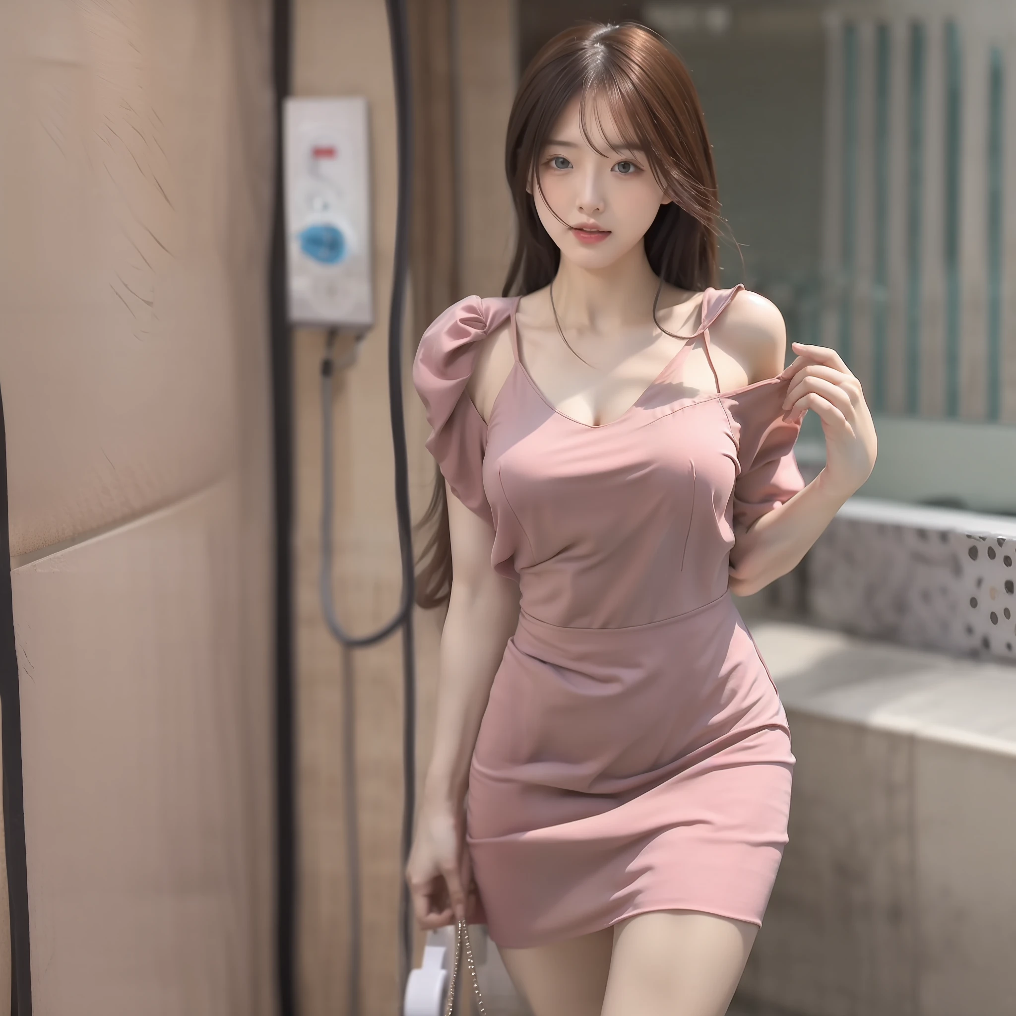 sexy beauty,Kazilan's eyes widened,pinkdress,Go to the toilet in a public toilet