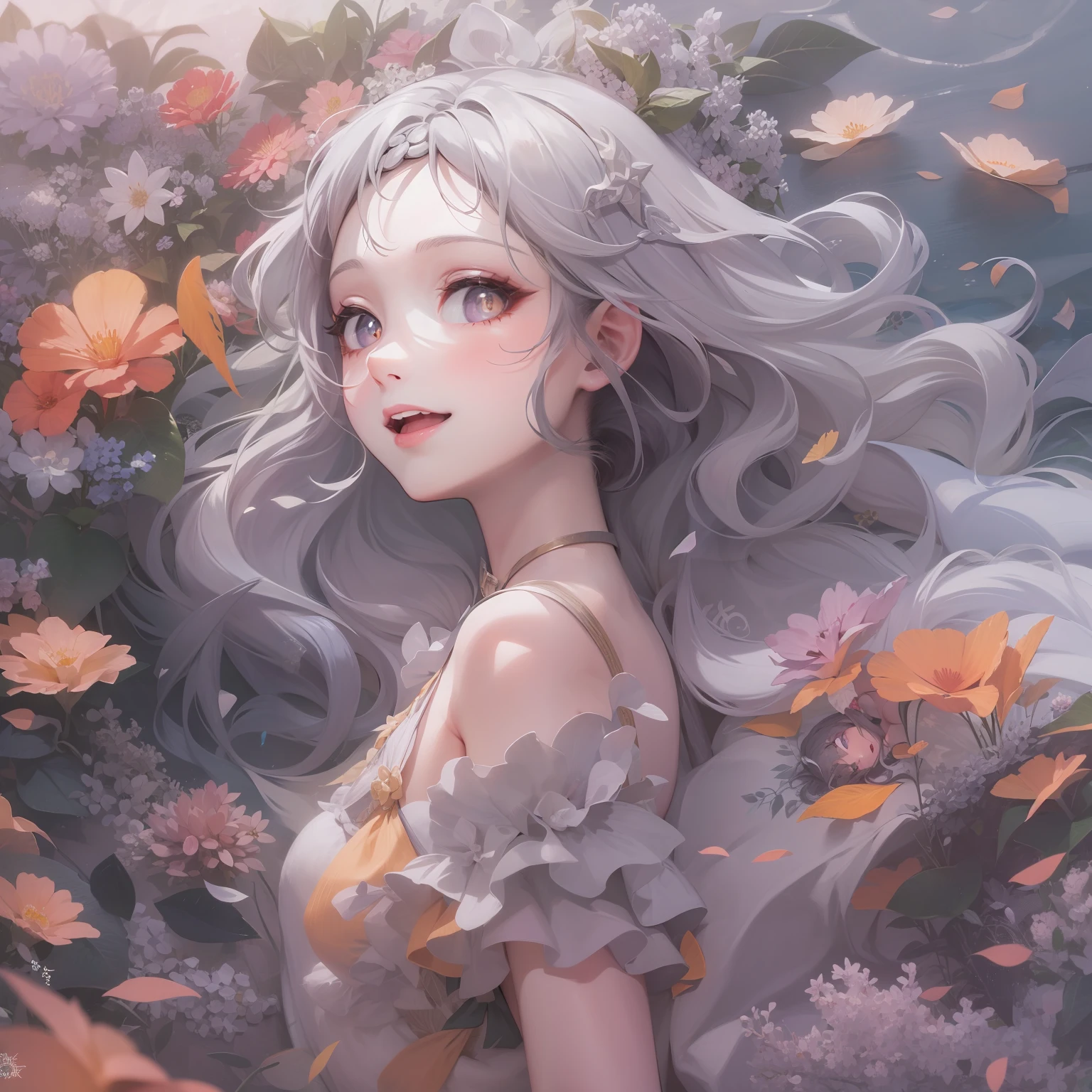 high-definition picture quality,Illustration style,The upper part of the body,one-girl,Purple pupils sparkle like gems,Coral pink little floral dress,Flowing gray hair,Smiling,Have by the sea。