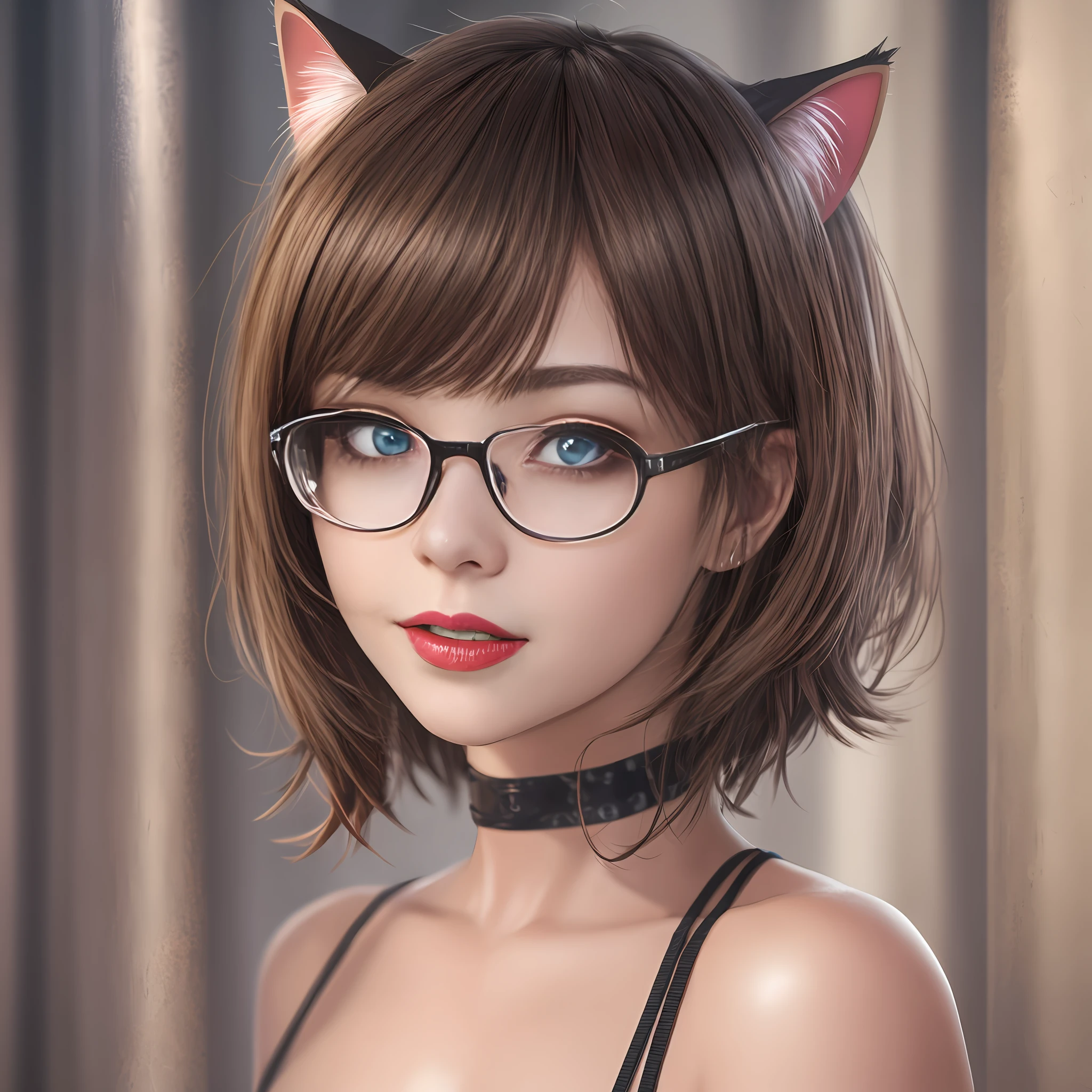 teens girl,cat ear,Be red in the face,eye glass,coquetry,Redlip,adolable,Pure desire,By bangs,full bodyesbian,SakuraNS,realisticlying, 8K UHD, k hd, High-quality texture, complexdetails, Detailed textures, finedetail, high detal, Extremely detailed CG, Highqualityshadow, Realistic facial representation, beautifuldetails, (highdetailskin, skin detailed), Detailed Beautiful and delicate face, The face looks to the left, Detailed Beautiful and delicate eyes, A perfectly proportioned face with a smile, filmgrain, depth of fields, cinematric light, Dramaticlight, lens flare glow, Ray traching, ssee-through, 20s --auto