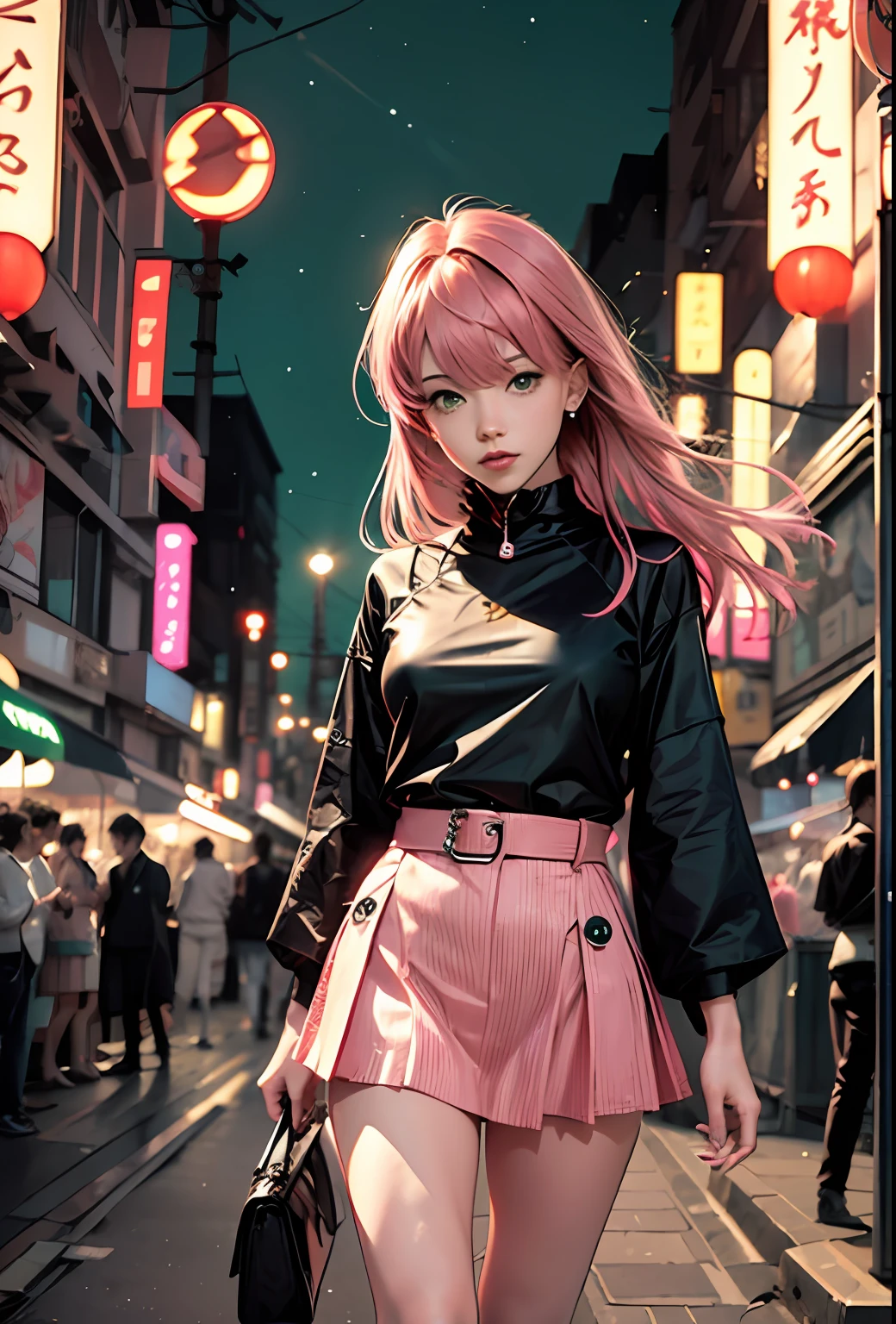 Black Pink ,Girl blouse Regatta with pink hair green eyes and a green , in the background Japanese city at night,next to a Lamborghini