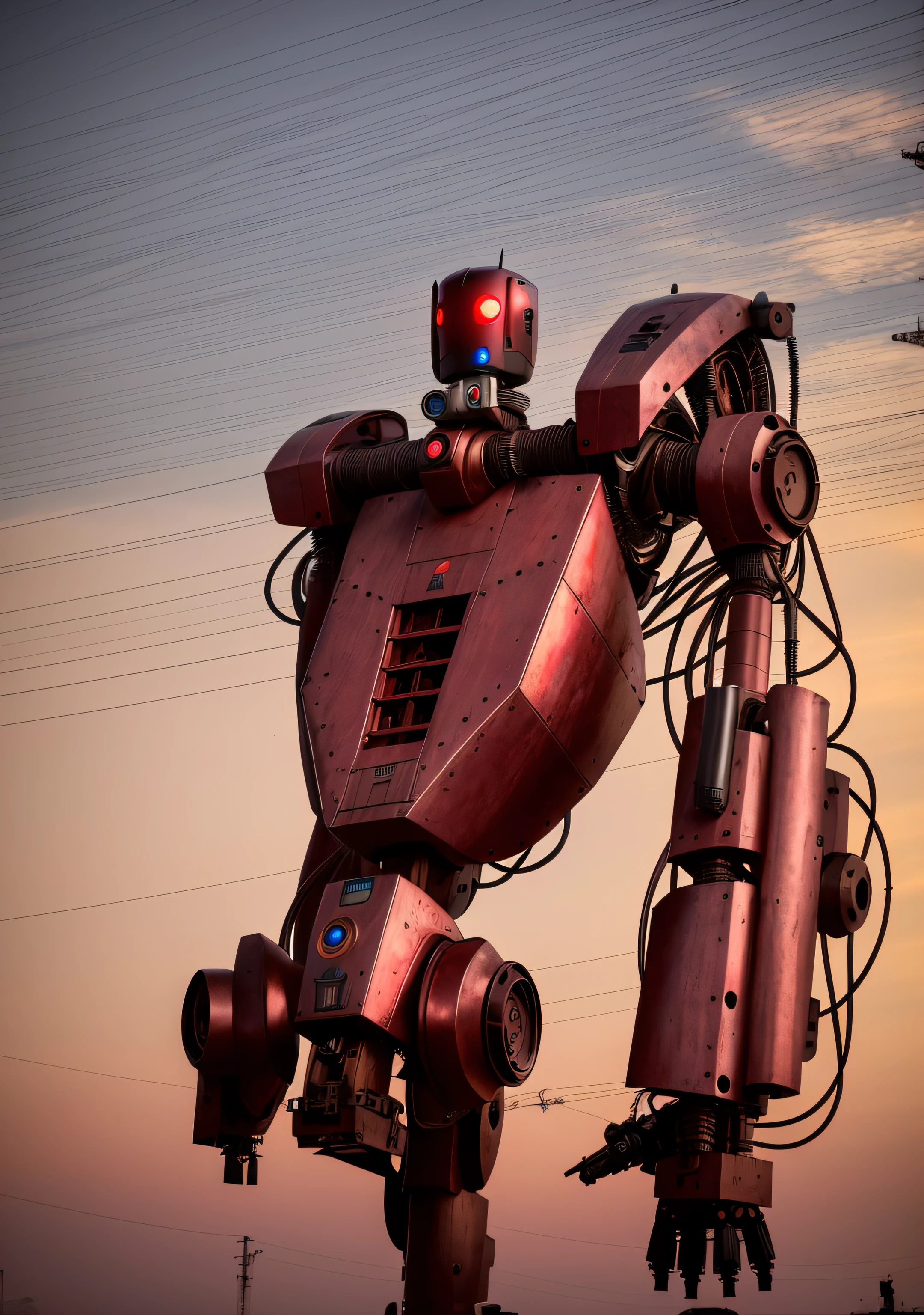 Hay una gran estatua de robot rojo en un poste, Gigante de hierro al atardecer, Una naturaleza muerta de un robot oxidado, Mech rojo, Robot grande, Robot steampunk, Robot hecho de piezas de camiones, Robot de la Primera Guerra Mundial, Robot roto gigante, Robot photography, Robot malvado, Metal robots, giant robot mech, Monstruo robot en el fondo, Red and black robotic parts, Robot gigante