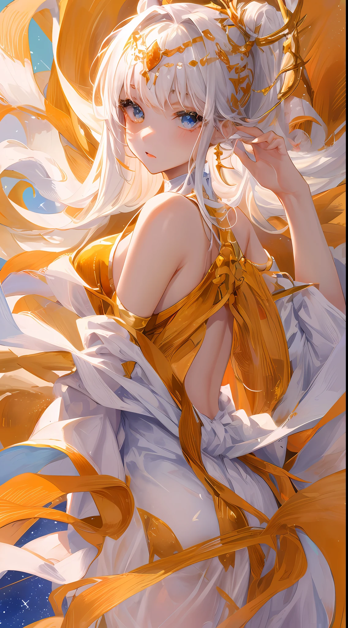 ((tmasterpiece、Need、Ultra-delicate、A high resolution)), 独奏, a beauty girl, sparkle eyes, perfect  eyes, 15year old, White color hair,She is an angel,She wears themed white,Orange gold background,Gorgeous and brilliant