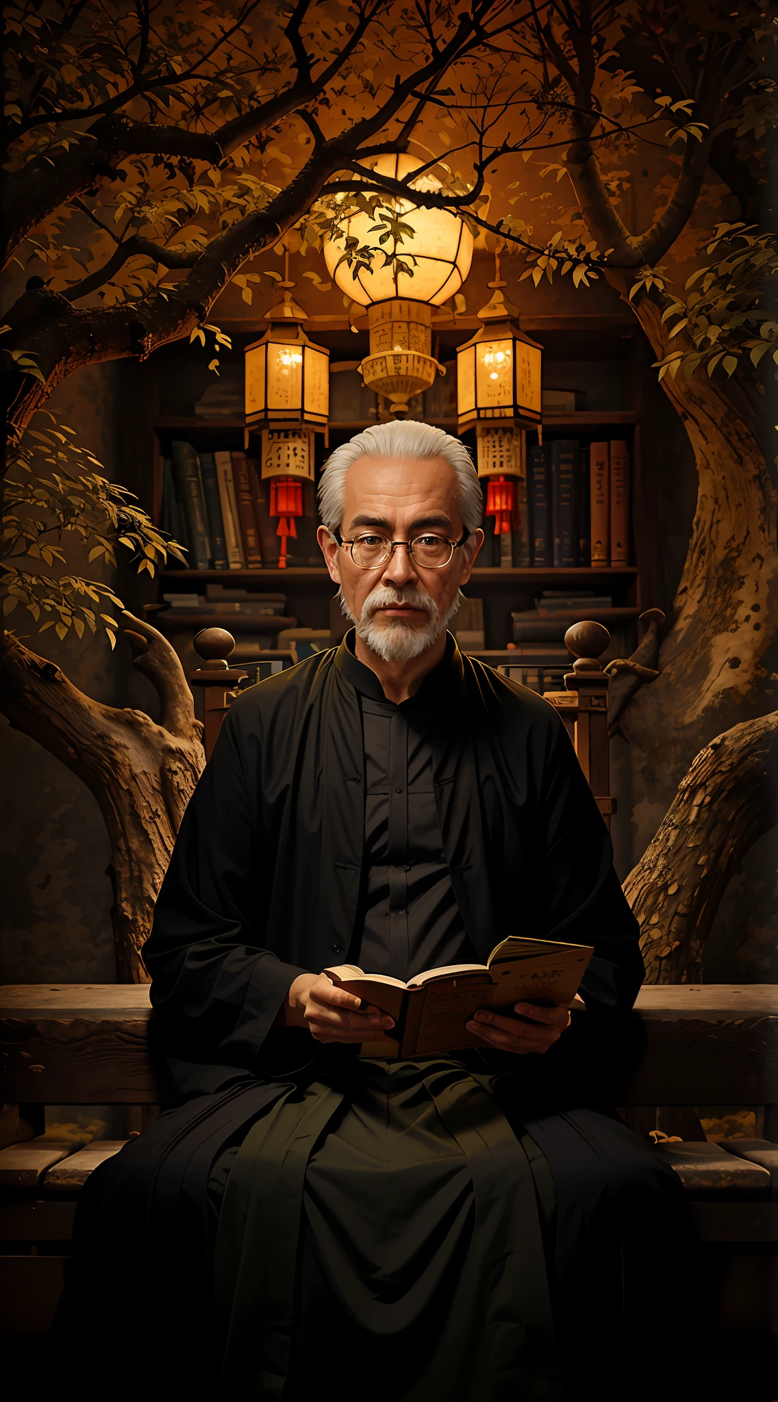 painting of a man sitting on a bench reading a book, Wear glasses，Taoist, inspired by Wu Daozi, makoto sinkai, by Ni Yuanlu, inspired by Kōshirō Onchi, ancient japanese monk, Taoist master, portrait of monk, old man in tokyo at night, A portrait of the character, Wise old man