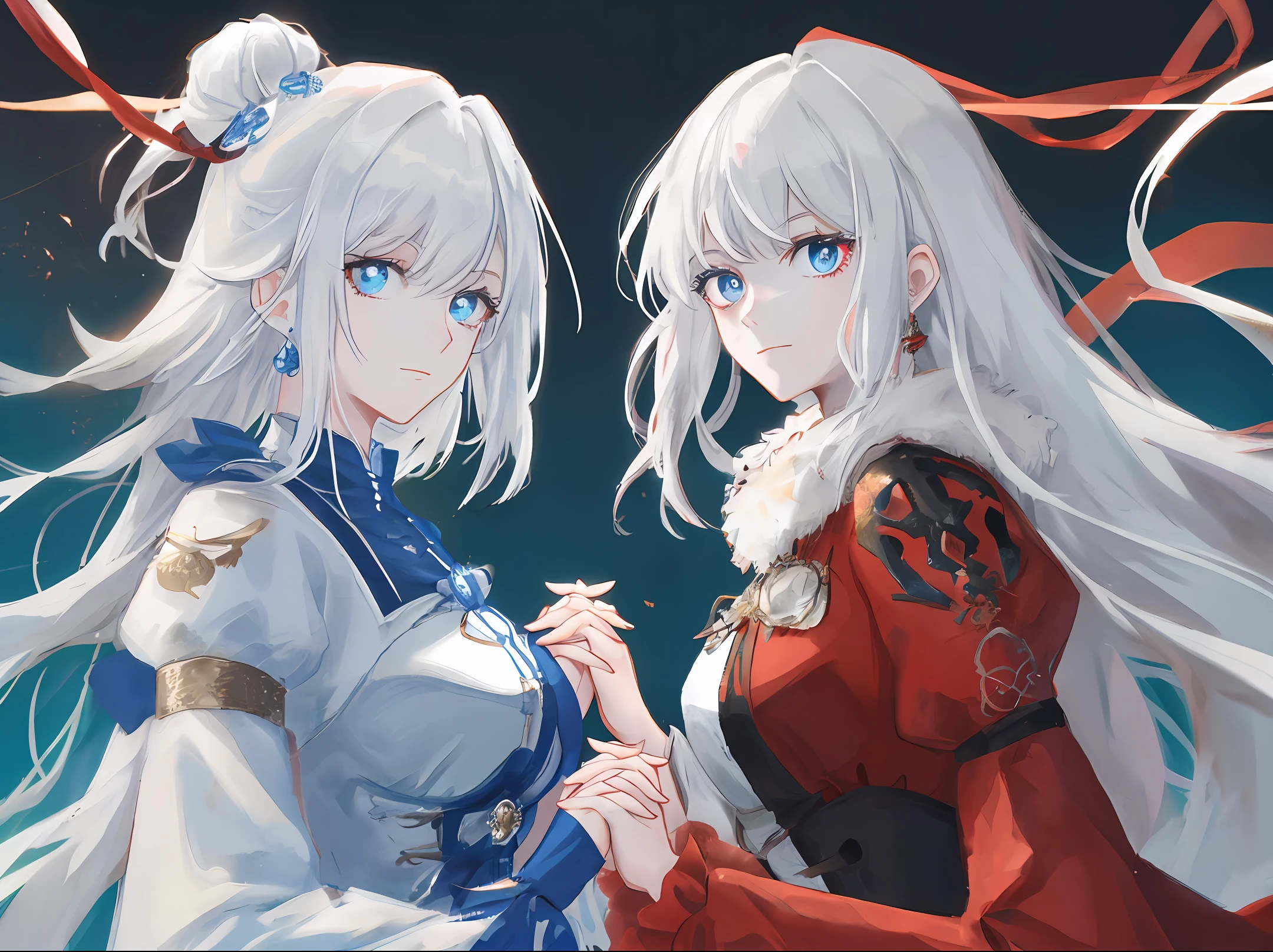 Beautiful face and eyes White hair Pupil one blue one red 8k 2 women Holding hands