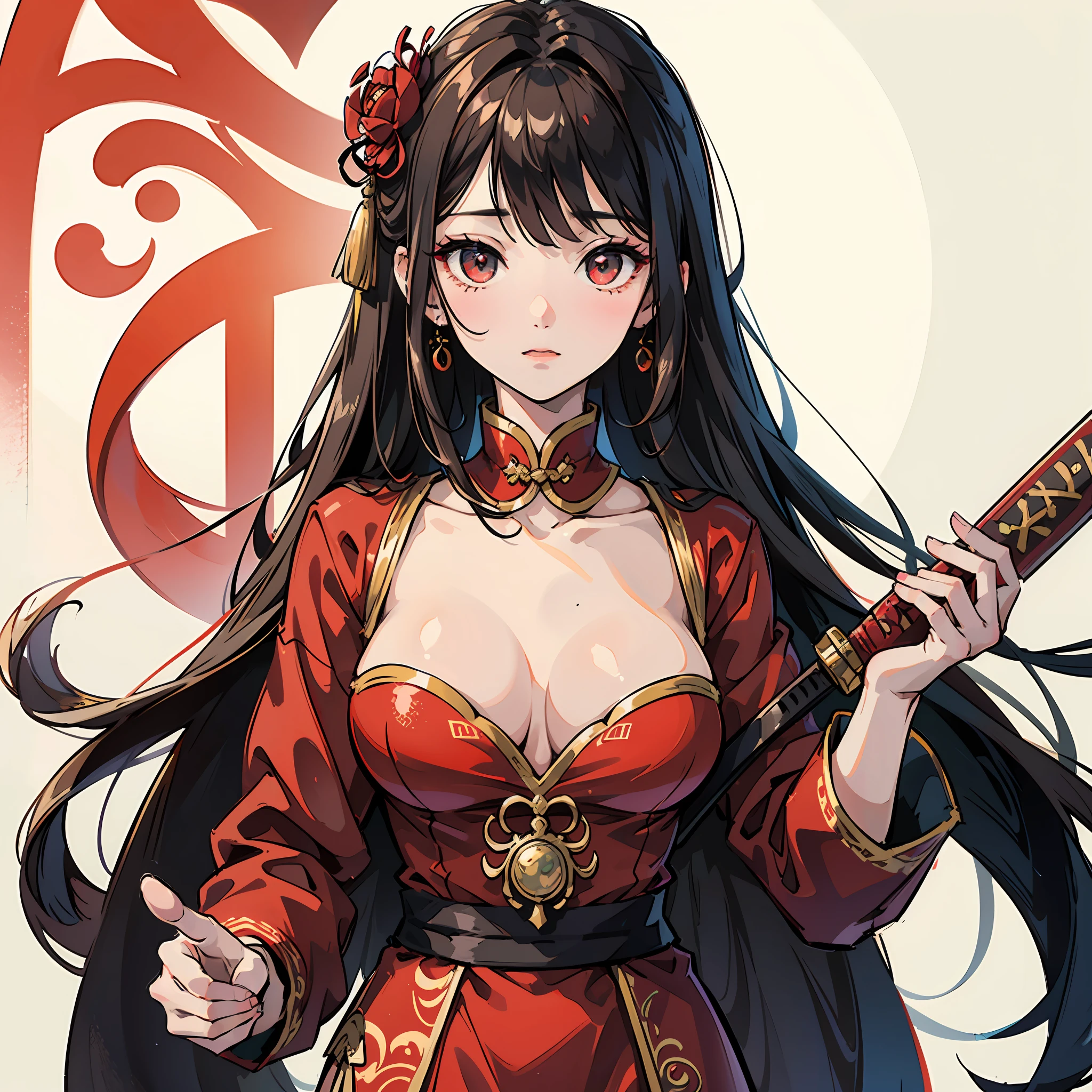 teens girl，Chinese ancient style，Red costume，Red longsword，whaite hair，red pupils，（（best qualtiy，8K，tmasterpiece：1.3））），Clear focus：1.2，（layer cut，The large：1.2），Beautiful Women in Perfect Figure：1.4，Slender abs：1.2，Moist body：1.5，Highly Detailed Face and Skin Textur，Detailed eyes，二重まぶた，long whitr hair --auto