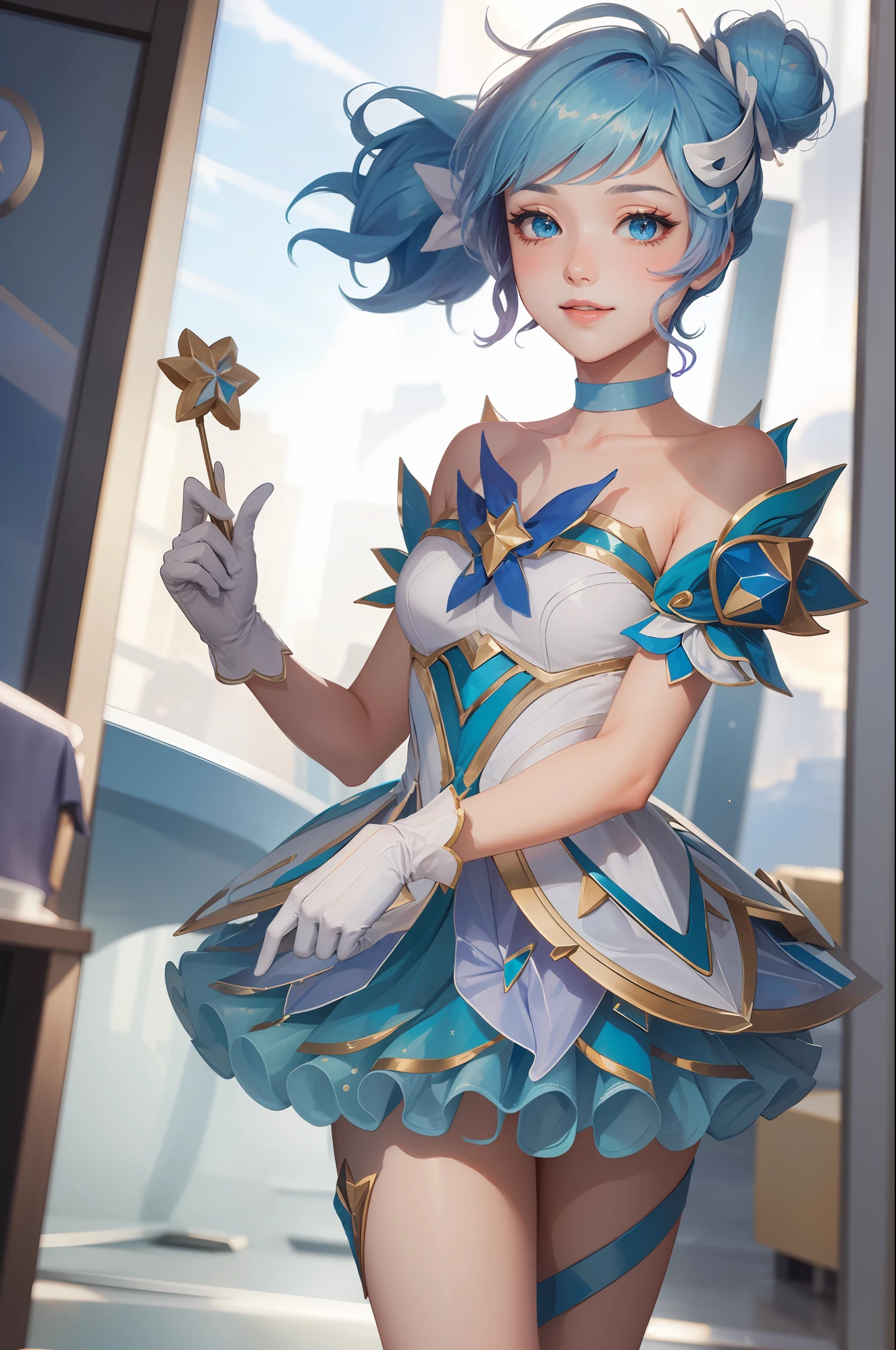 (Masterpiece:1.4), (Best quality:1.2), star guardian orianna, Blue hair, hair-bun, Short dress, White gloves, ssmile,  The upper part of the body