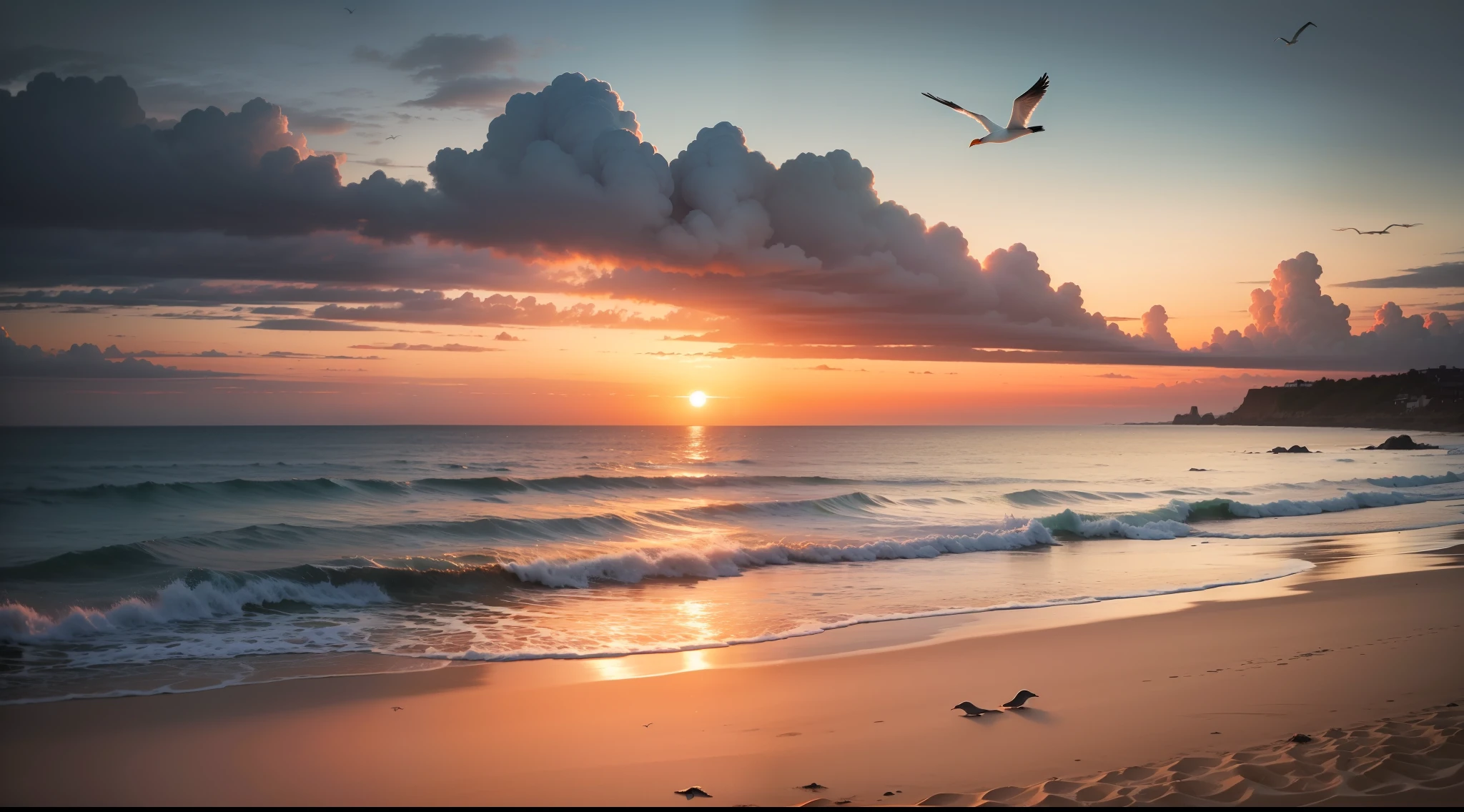 Rose bushes， Burning clouds， setting sun ，the ocean， brightly ，k hd，landscape，a warm color palette，Smoothness，to contrast，k hd，seagulls，sandbeach，bright sun light