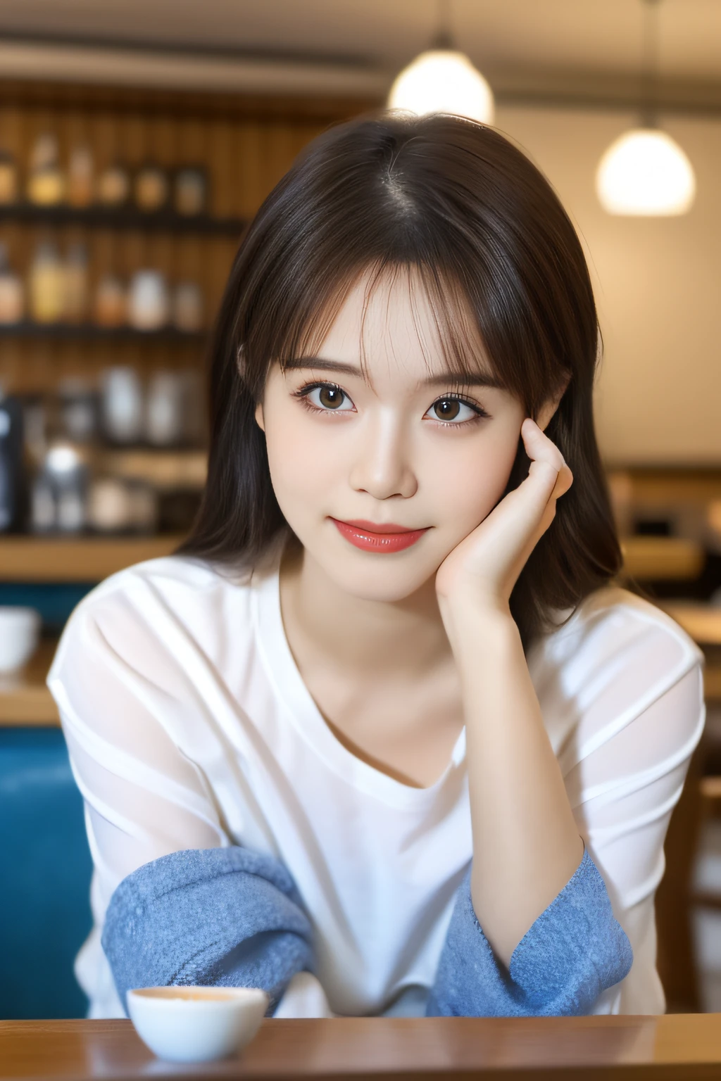 (Best image quality, fine details, silhouette beauty, natural light, warm and soft atmosphere, book scent) In bright light, beautiful woman in white shirt (double eyelids) in a café, looking directly at the camera.