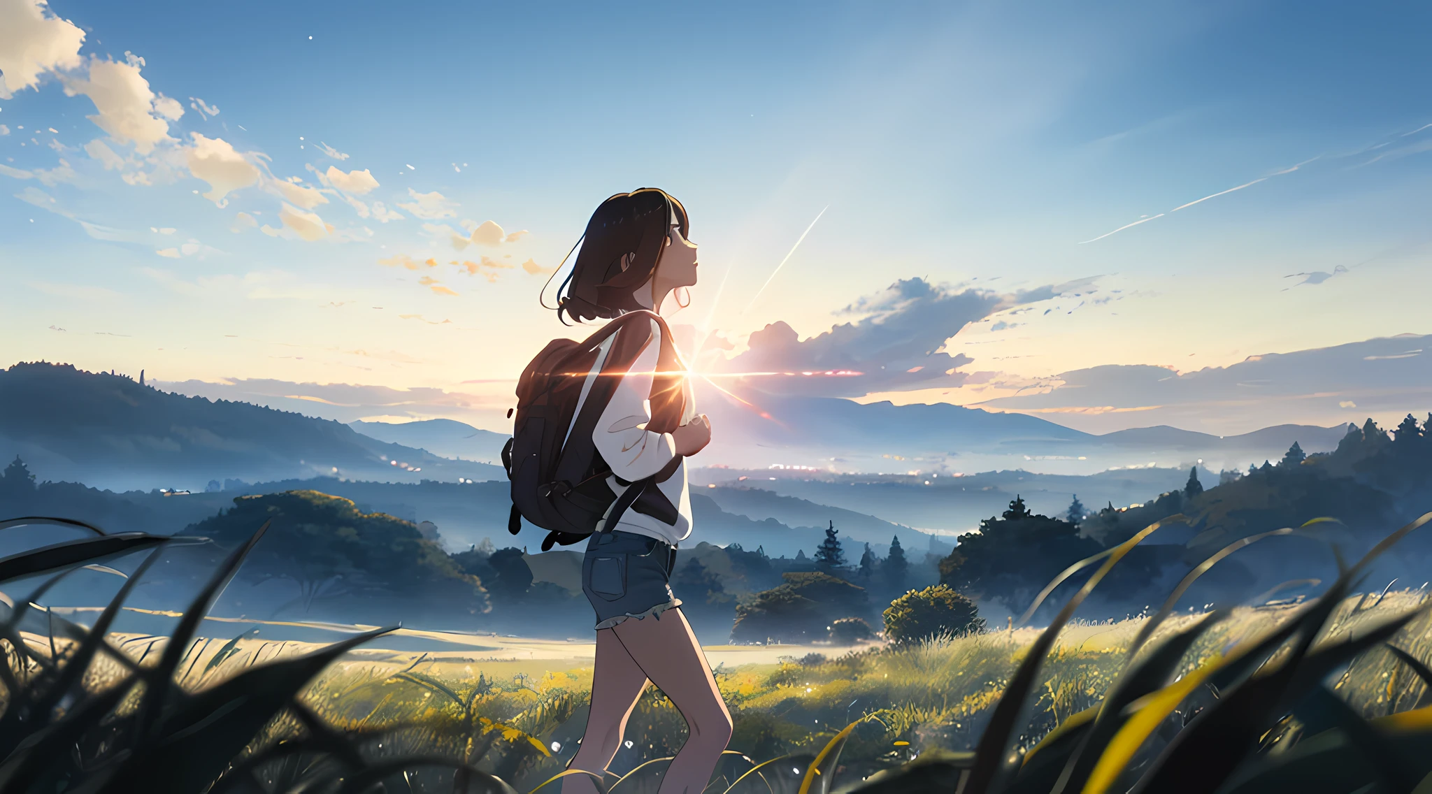 (beautiful and magnificent skyline, majestic sky), (extremely tense and dramatic pictures, moving visual effects), (high hanging Polaris, colorful natural light), (1girl), (long-sleeved top, denim shorts, carrying a backpack),(dynamic pose:1.3,blue eyes,black hime-cut hair,sparkling girl)[:0.8],(a large grassland),(oncoming breeze),(brown hair and background Coordination effect: 1.2), (close shot, long shot mix and match)[::0.9]
