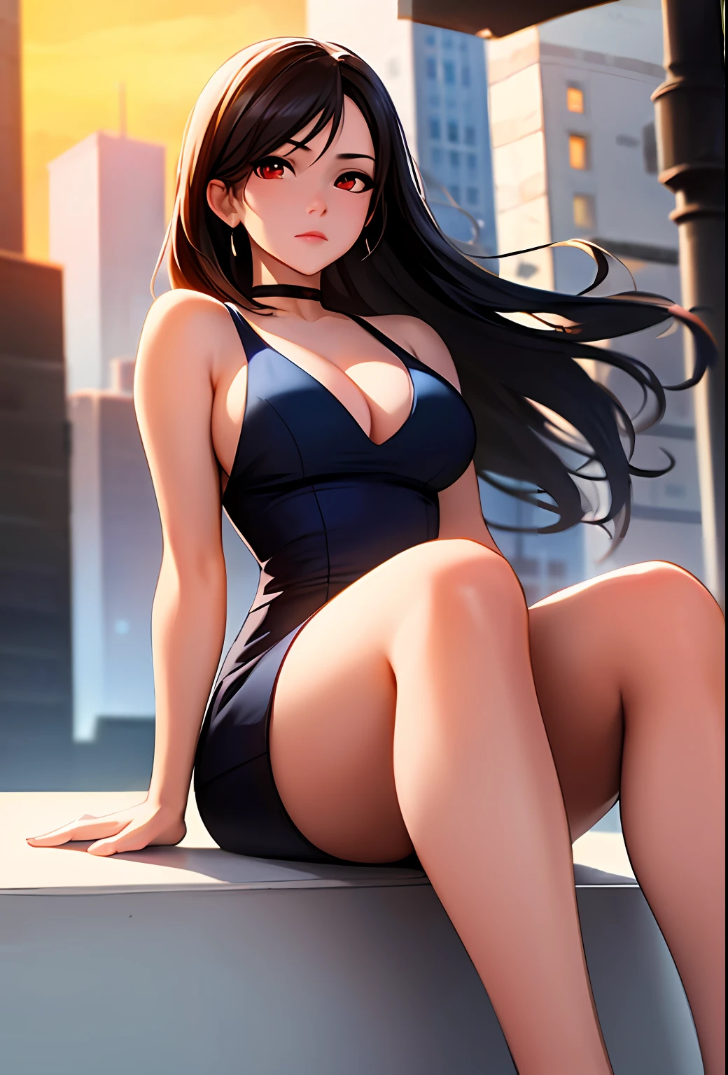 (masterpiece), (best quality), Sam Yang, Tifa Lockhart, 1girl, solo, cleavage, bare legs, bare arms, bare shoulders, blue dress, portrait shot, large breasts, red eyes, long dark hair, choker, dress, official alternate costume, looking at viewer, blue dress, dynamic angle, dynamic pose, sunset, bright rim light, city in background, rule of thirds