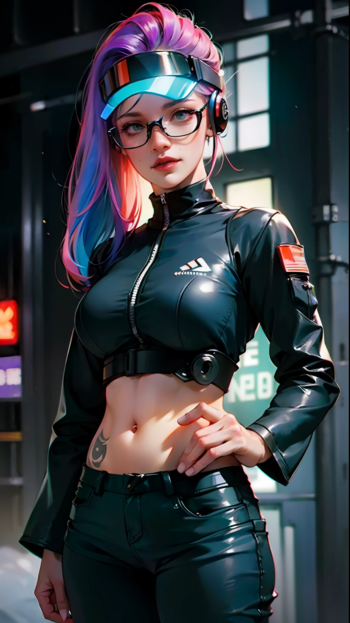 ((Best Quality)), ((Masterpiece)), ((glasses)), militar pants, long hair, mature, perfect eyes:1.2, woman face, big breasts, detailed eyes:1.4, ((freckles)), woman, hightech visor, visor, high tech, hacker, irezumi, tattoo, techwear, headphones, messy hair, multicolored hair, purple hair, black jacket, gradient hair, leather clothes, (High Definition:1.3), 3D, Beautiful (Cyberpunk:1.3), Colored hair, militar, black clothes looking at camera, hacker woman, neo tokyo