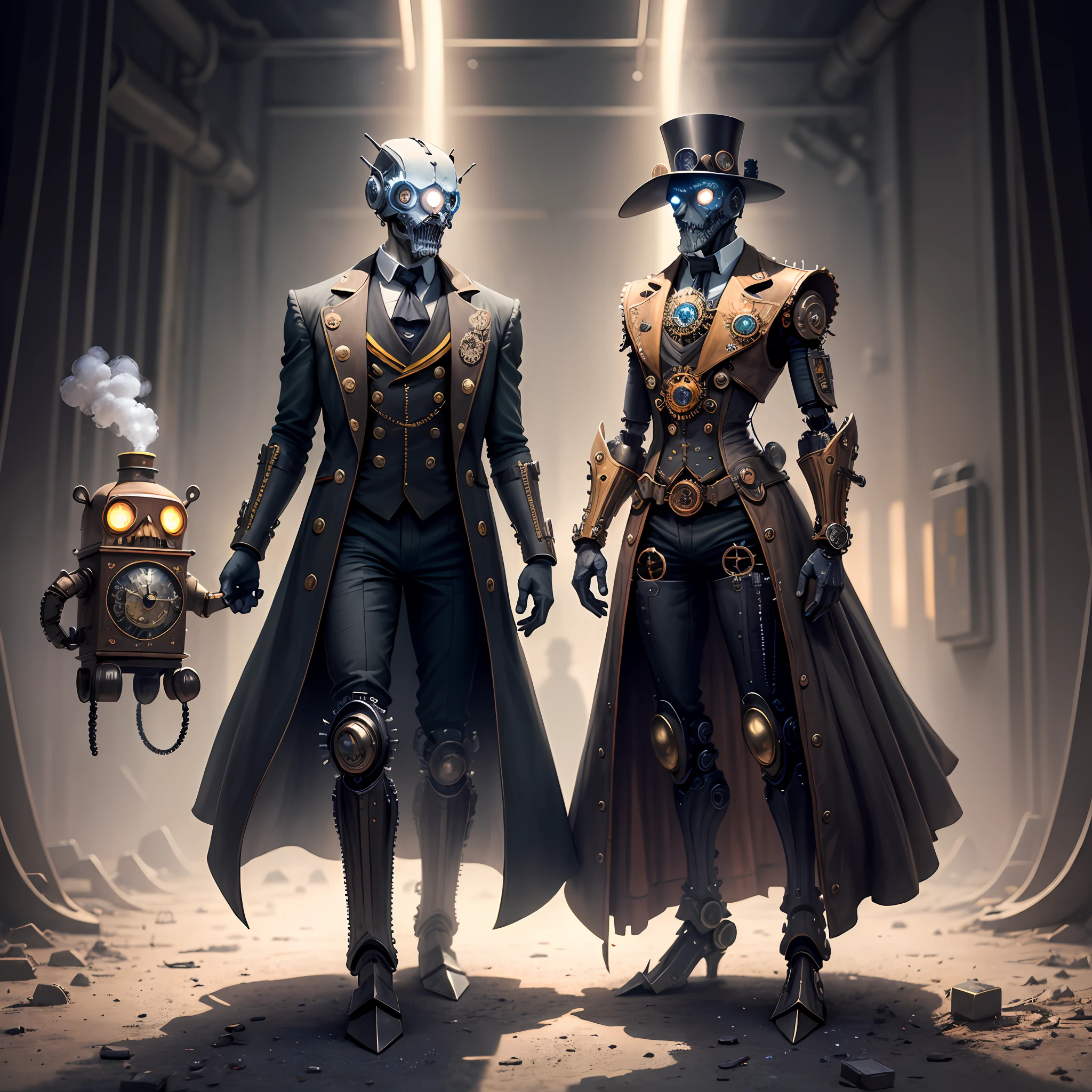 Create an image depicting a steampunk-inspired non-humanoid character, such as a clockwork golem or a steam-powered robot, with the style of Madhouse, with intricate clockwork machinery and a dark and moody color palette